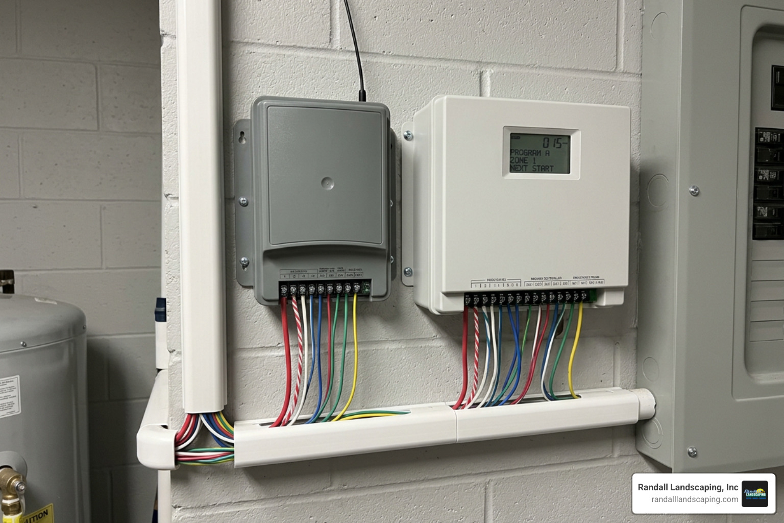 Wireless receiver mounted neatly next to an indoor irrigation controller with clean wiring Wireless receiver mounted neatly next to an indoor irrigation controller with clean wiring