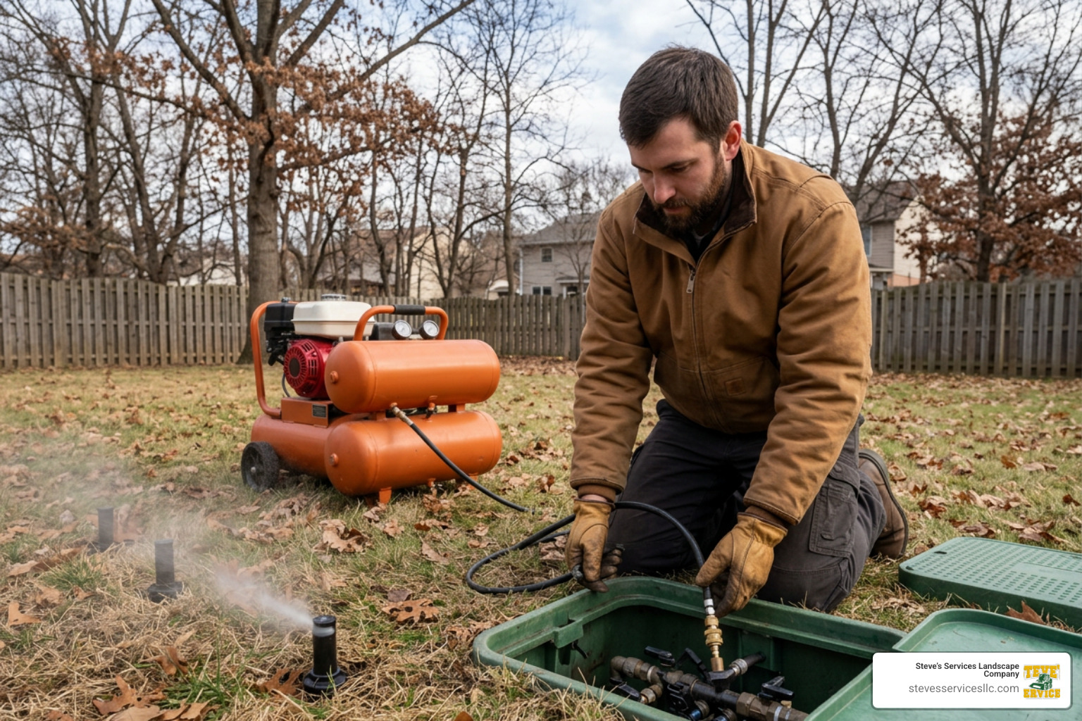 Professional technician winterizing a backyard irrigation system Professional technician winterizing a backyard irrigation system