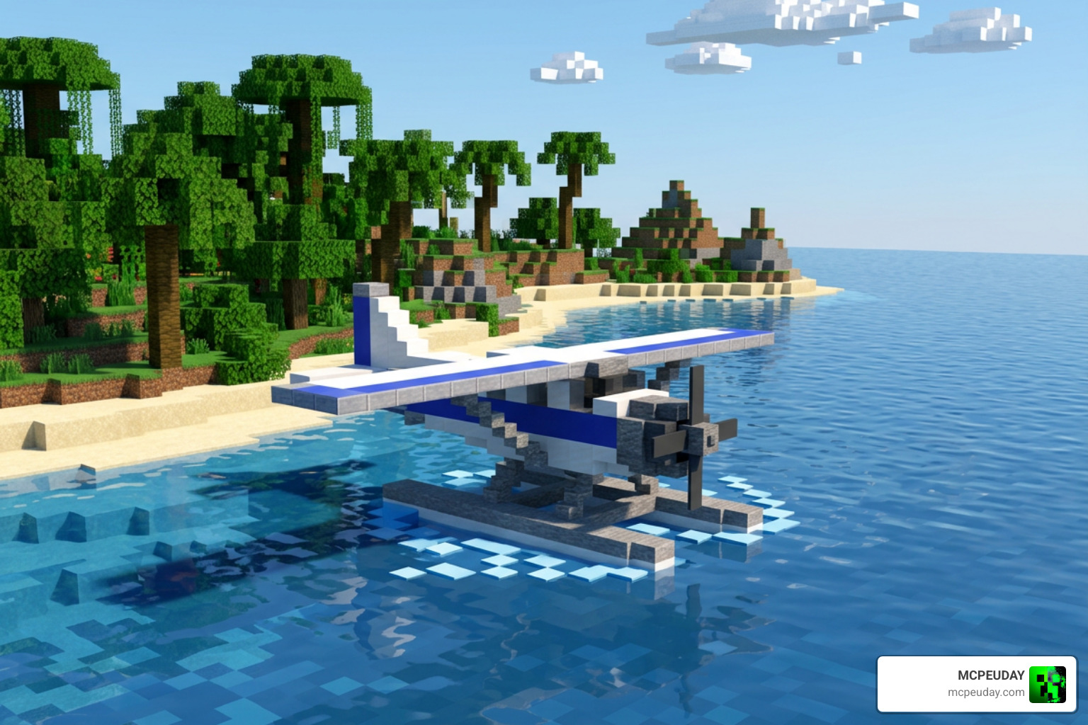 A seaplane floating on a Minecraft ocean