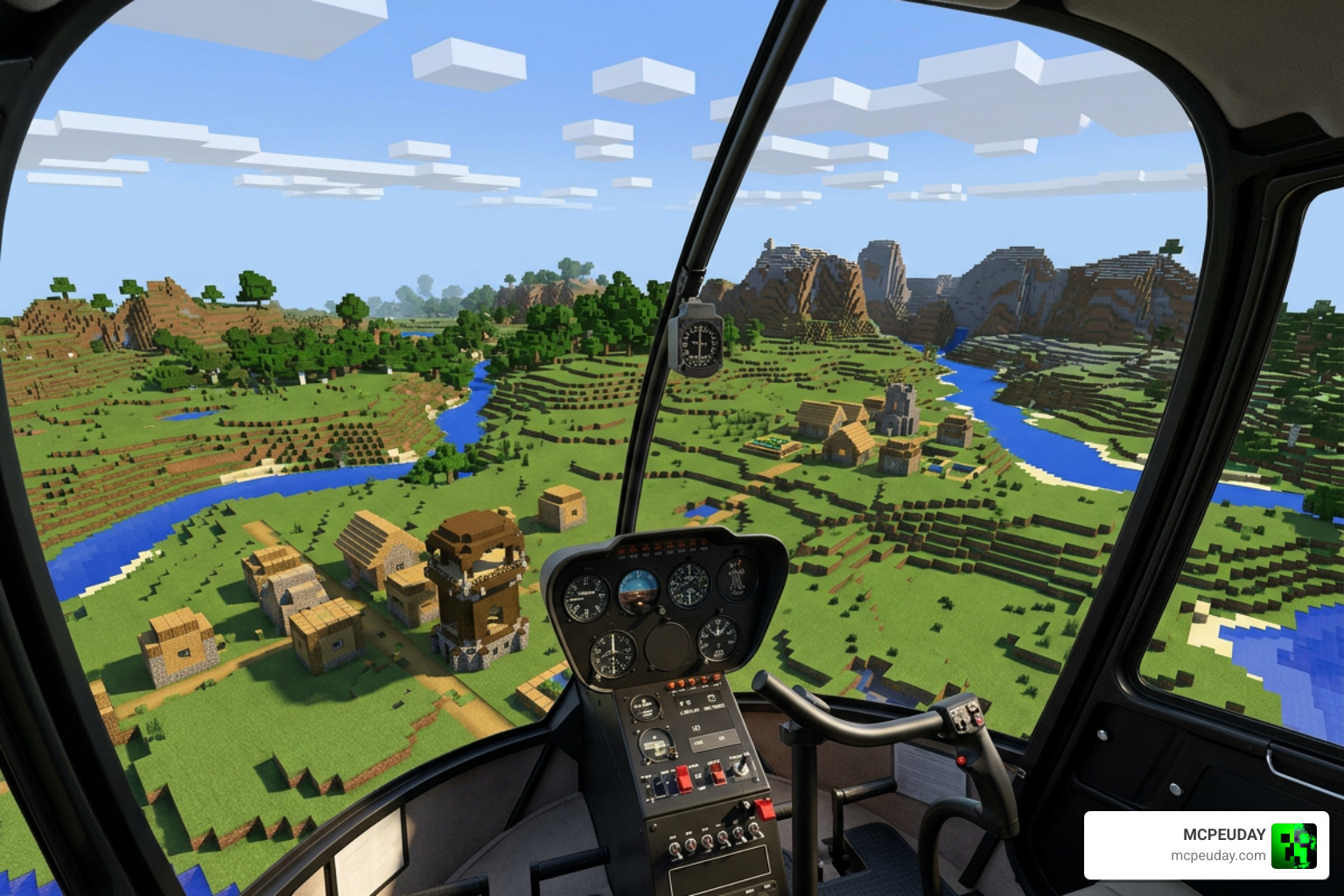 Helicopter cockpit view in Minecraft