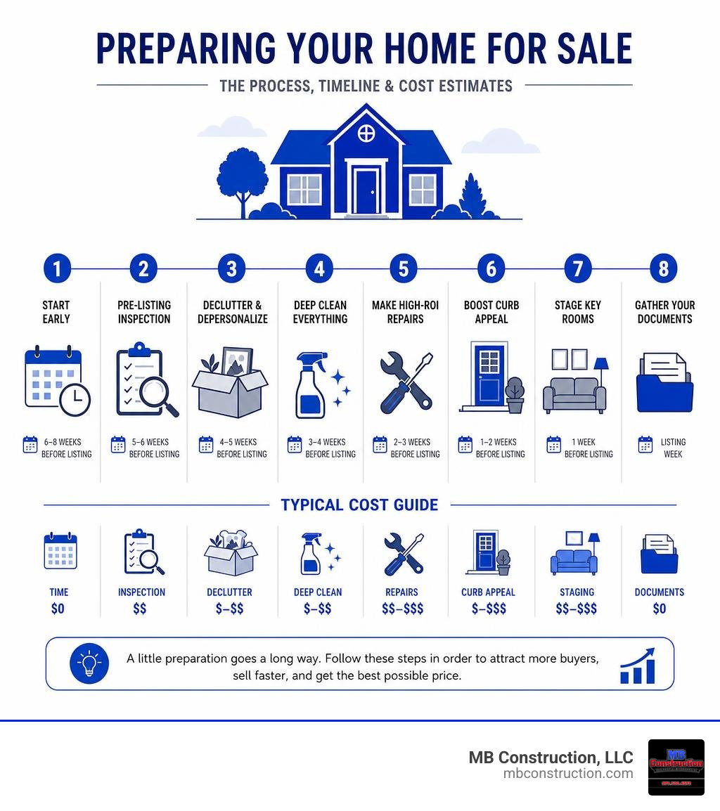 Infographic showing the home preparation process: timeline, key steps, and cost estimates infographic Infographic showing the home preparation process: timeline, key steps, and cost estimates infographic