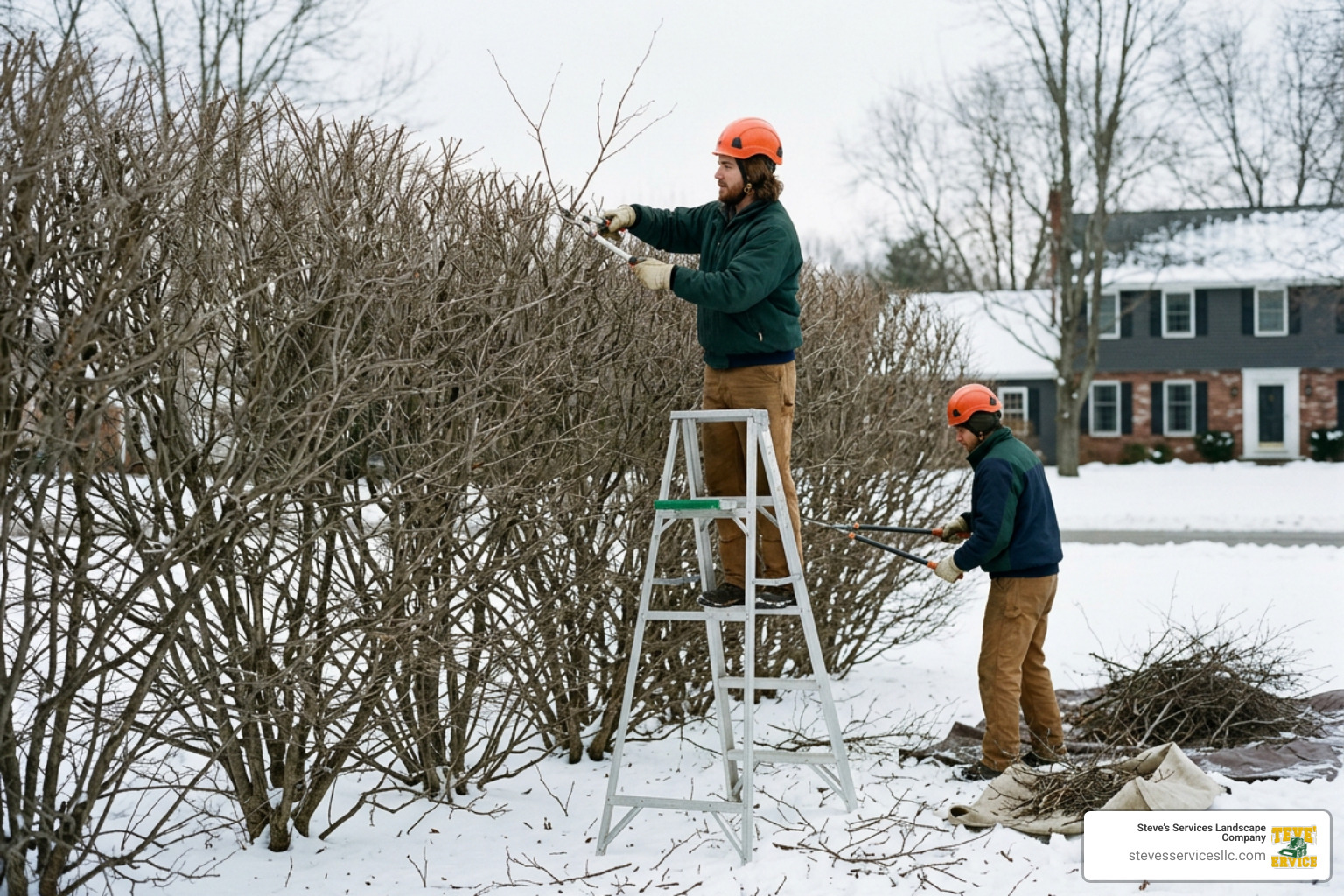 Professional arborists pruning a dormant hedge in late winter Professional arborists pruning a dormant hedge in late winter