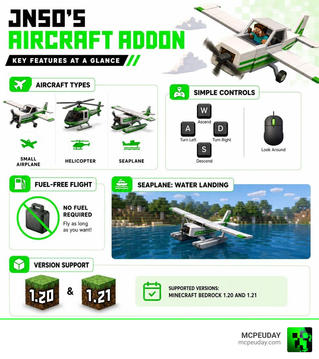 Infographic showing JNSO's Aircraft Addon features: aircraft types, controls, fuel-free flight, seaplane water landing