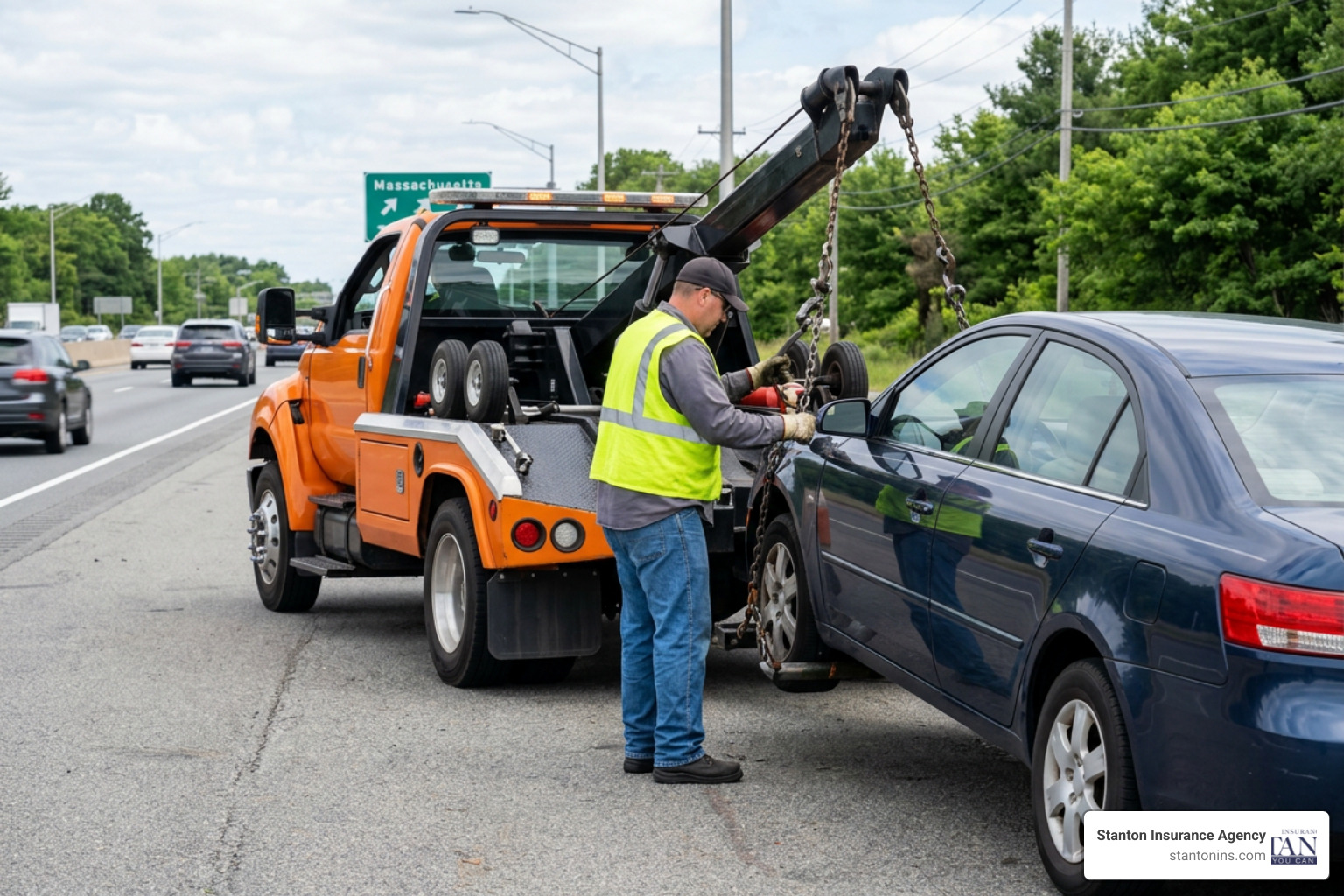 A professional tow truck operator hook-lifting a sedan safely from the shoulder of a Massachusetts highway A professional tow truck operator hook-lifting a sedan safely from the shoulder of a Massachusetts highway