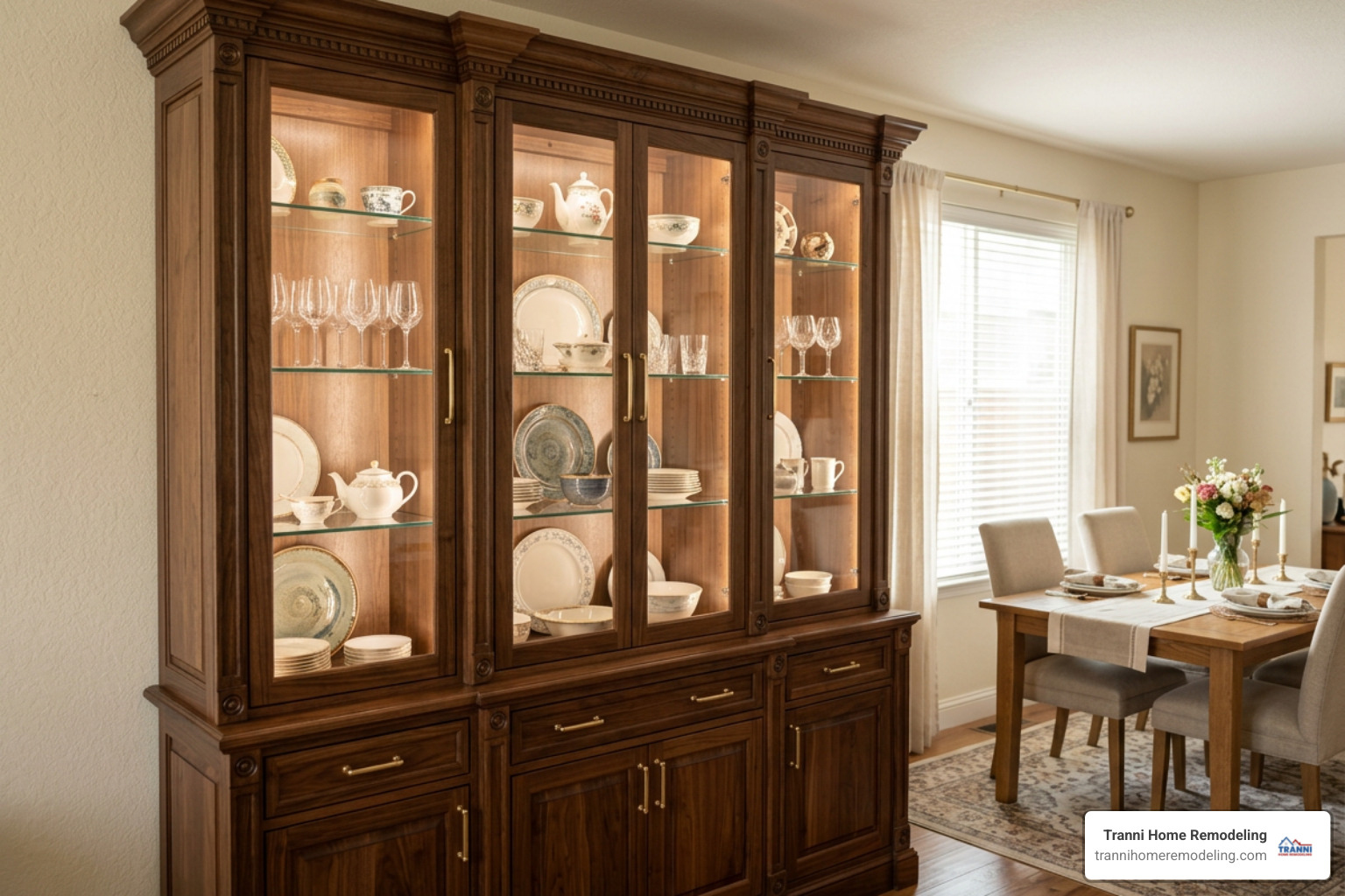 A gorgeous custom built-in dining room china cabinet with soft lighting and glass display shelves A gorgeous custom built-in dining room china cabinet with soft lighting and glass display shelves