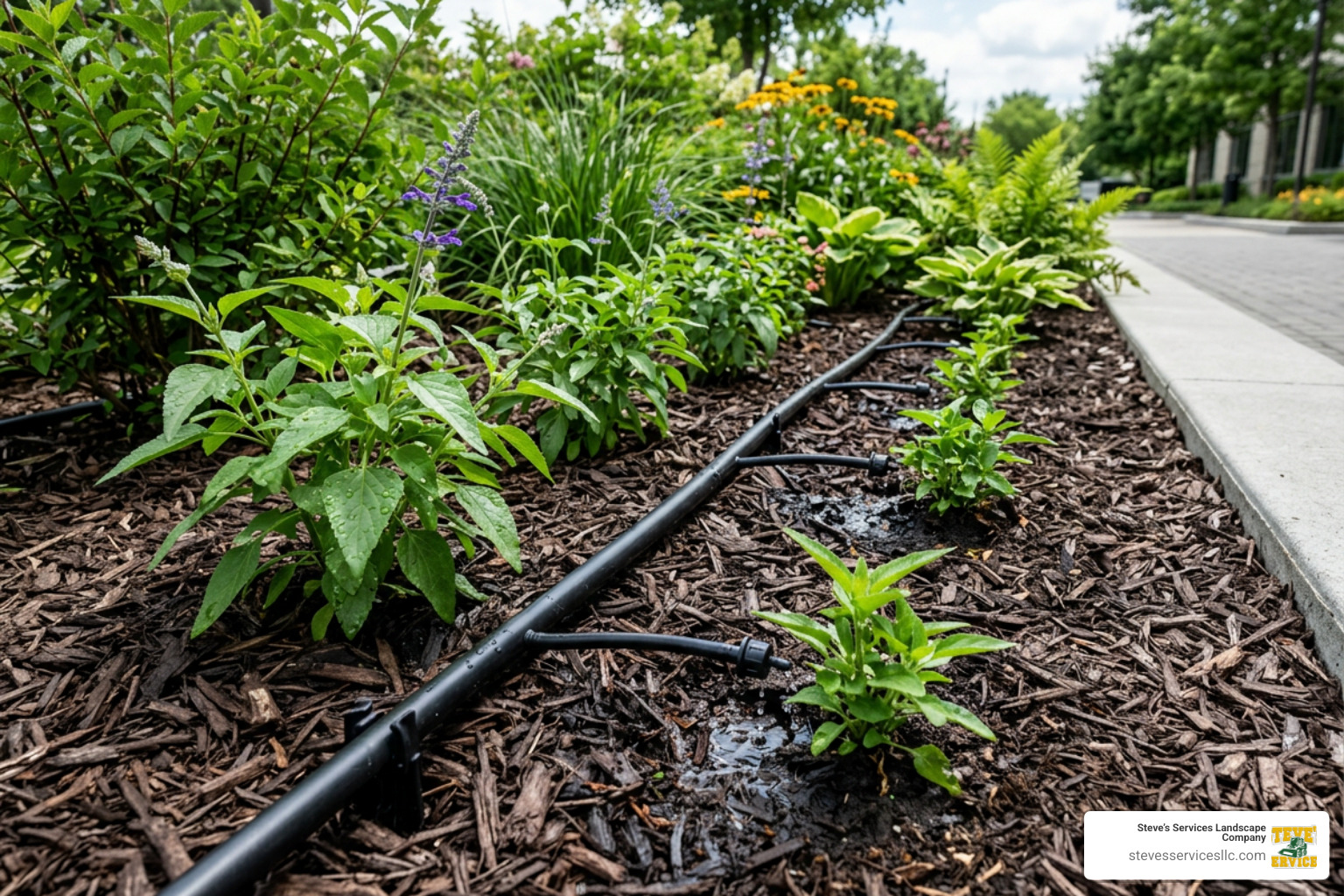 Drip irrigation lines installed in a commercial garden bed