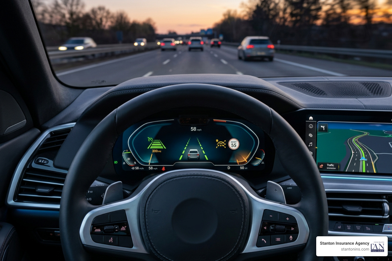 A modern BMW dashboard displaying active safety features and driver assistance systems A modern BMW dashboard displaying active safety features and driver assistance systems
