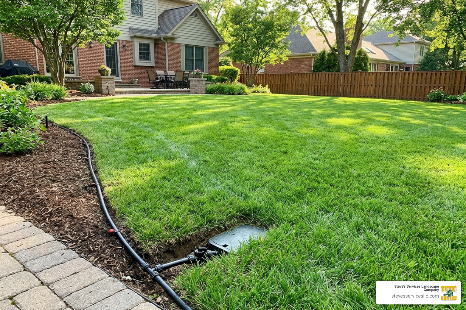 Lush green lawn with professional drip irrigation lines Lush green lawn with professional drip irrigation lines
