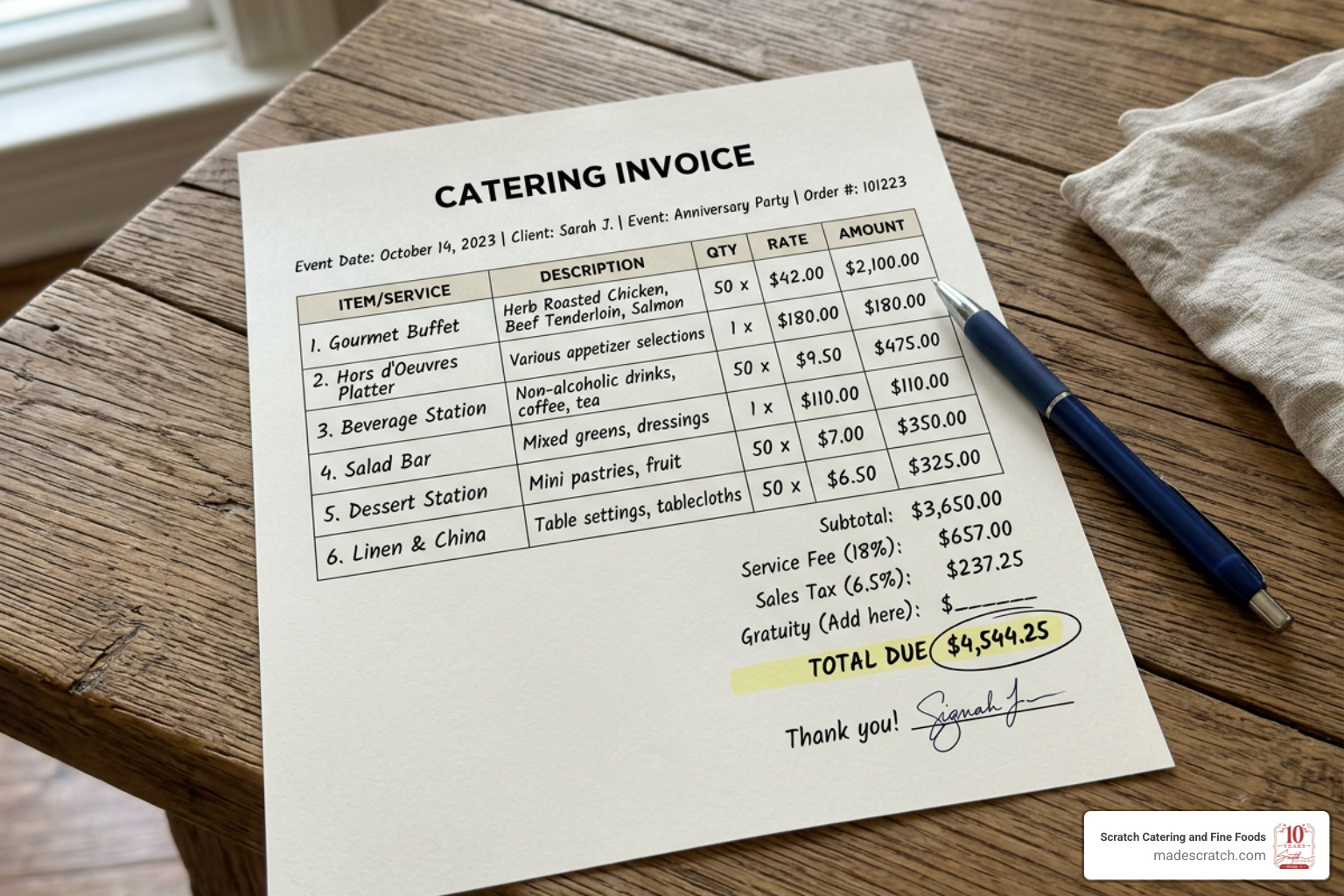 Catering invoice breakdown showing service fees and gratuity