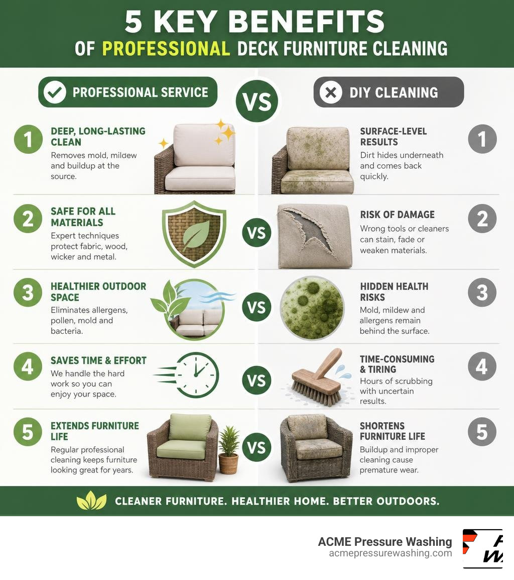 Infographic showing 5 key benefits of professional deck furniture cleaning service vs DIY infographic
