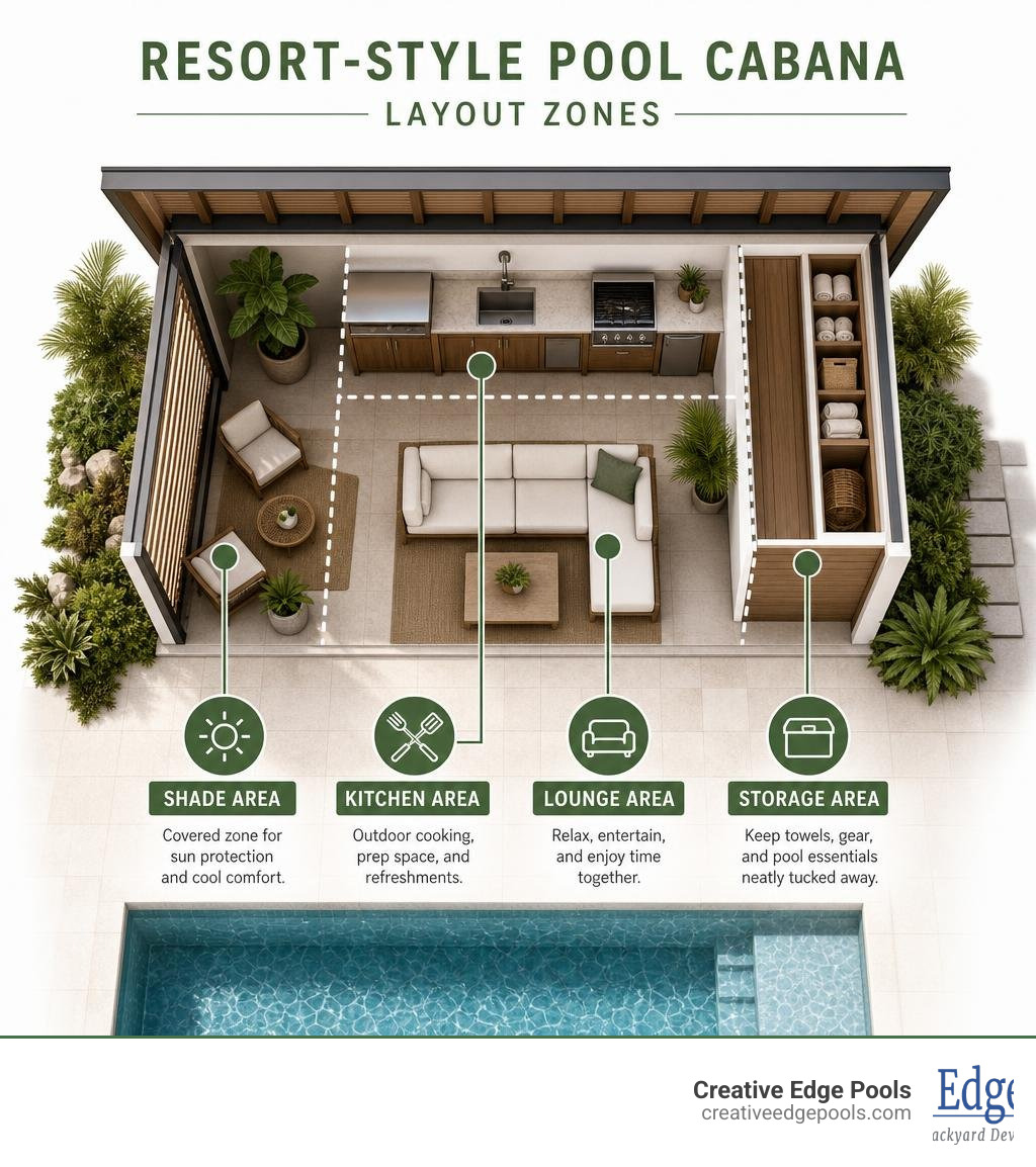 Layout zones of a resort-style pool cabana with shade, kitchen, lounge, and storage areas labeled infographic