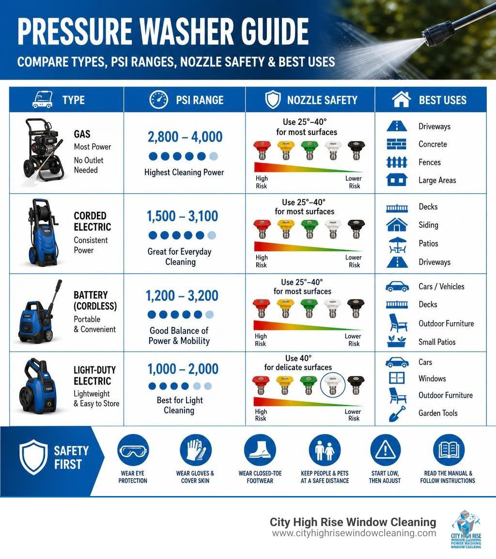 Infographic comparing pressure washer types PSI ranges nozzle safety and recommended uses infographic Infographic comparing pressure washer types PSI ranges nozzle safety and recommended uses infographic