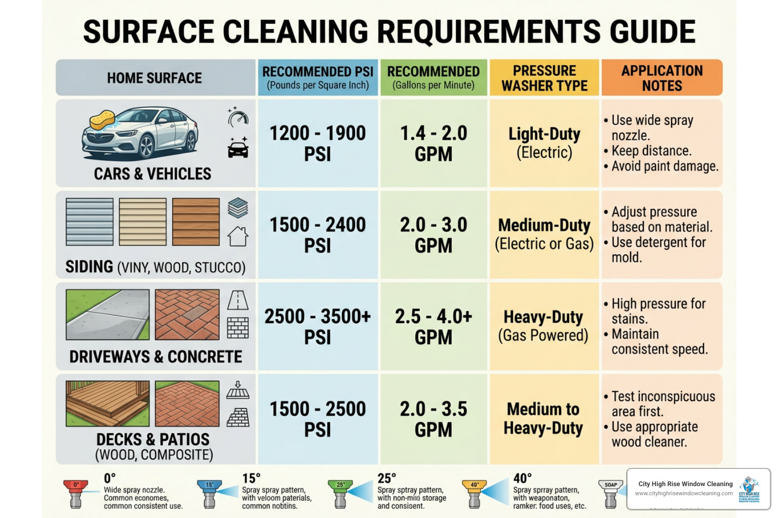 Chart showing PSI and GPM requirements for different home surfaces like cars siding and concrete Chart showing PSI and GPM requirements for different home surfaces like cars siding and concrete