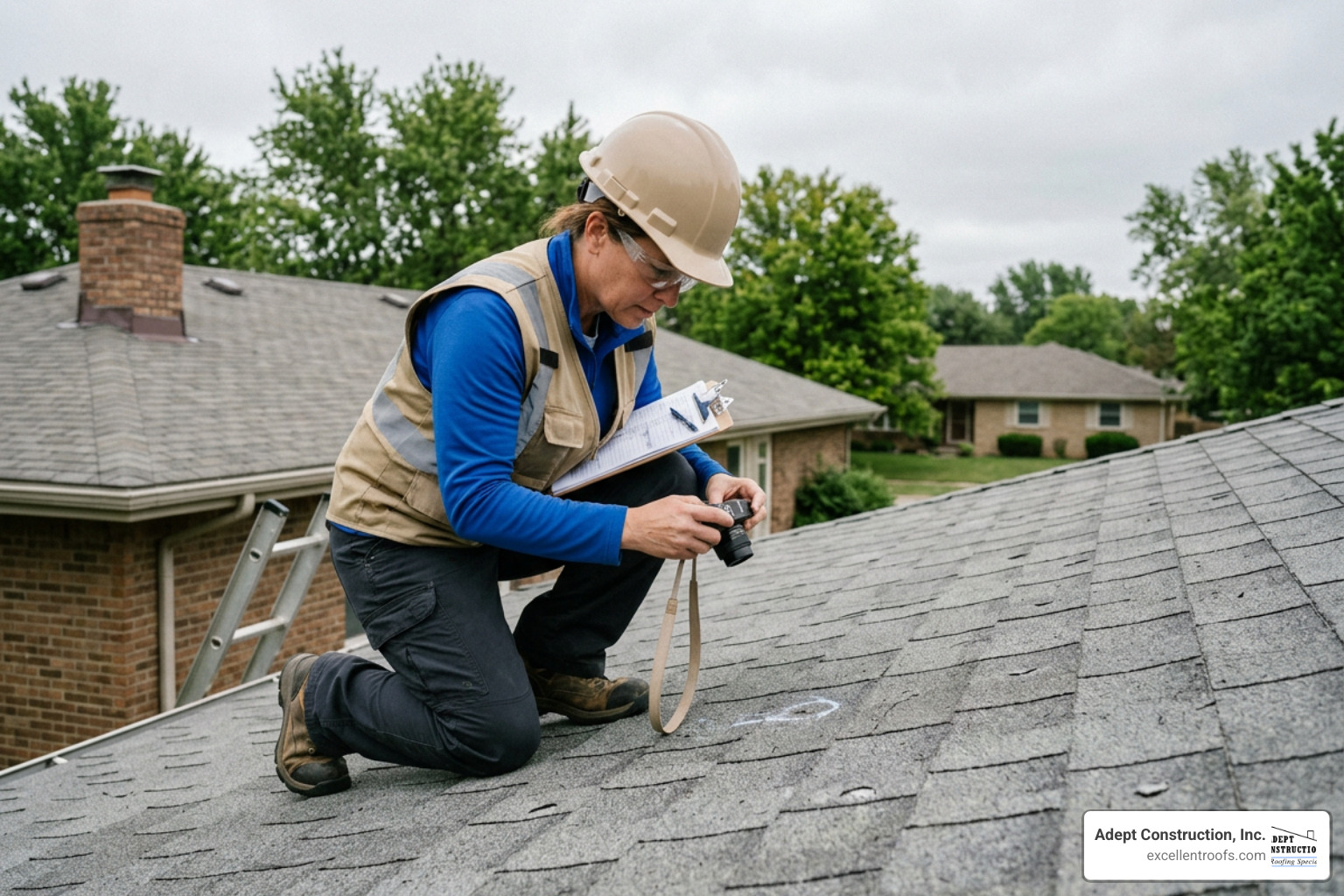 insurance adjuster inspecting a roof for hail damage