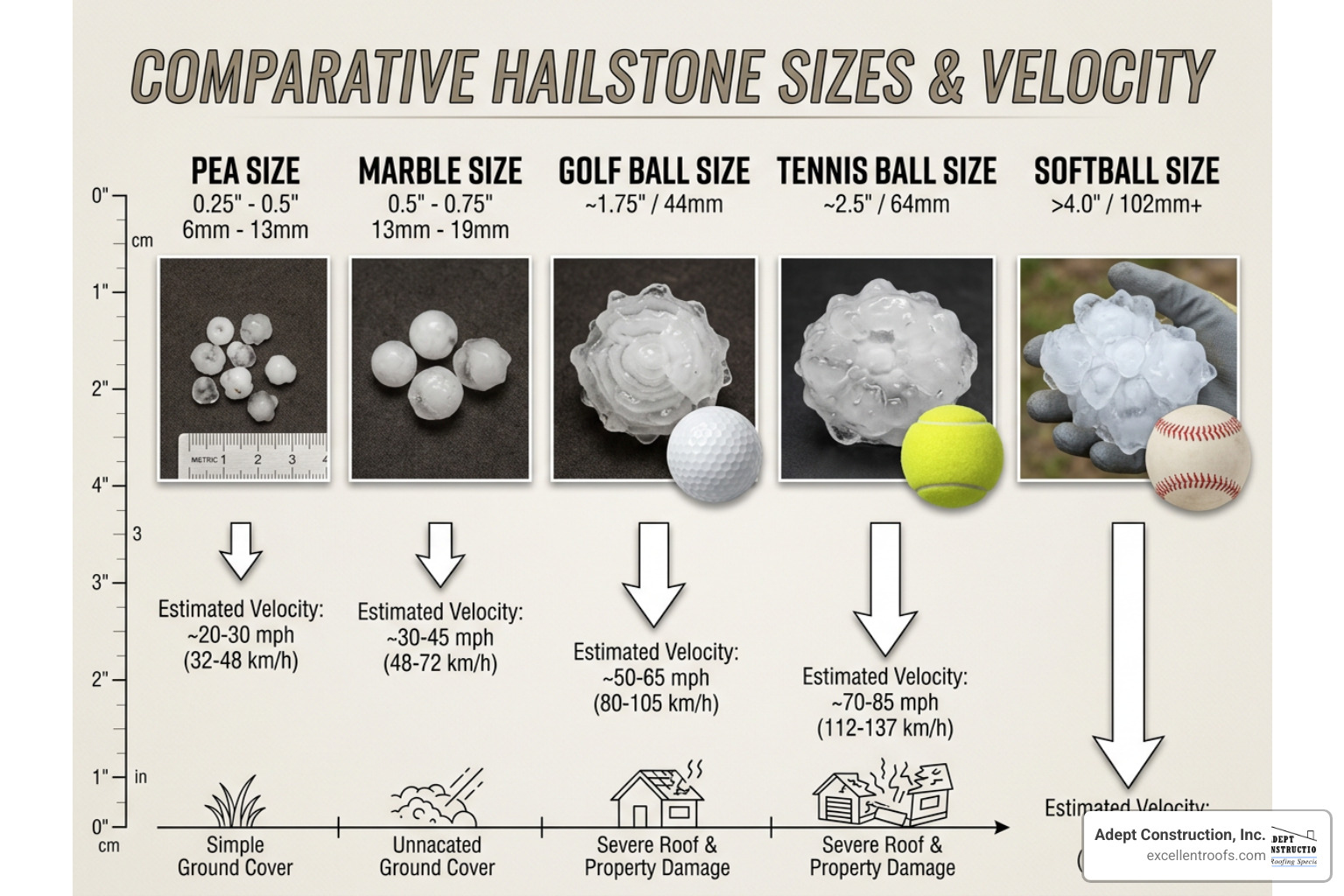 hail size comparison chart showing pea to softball sizes and velocities