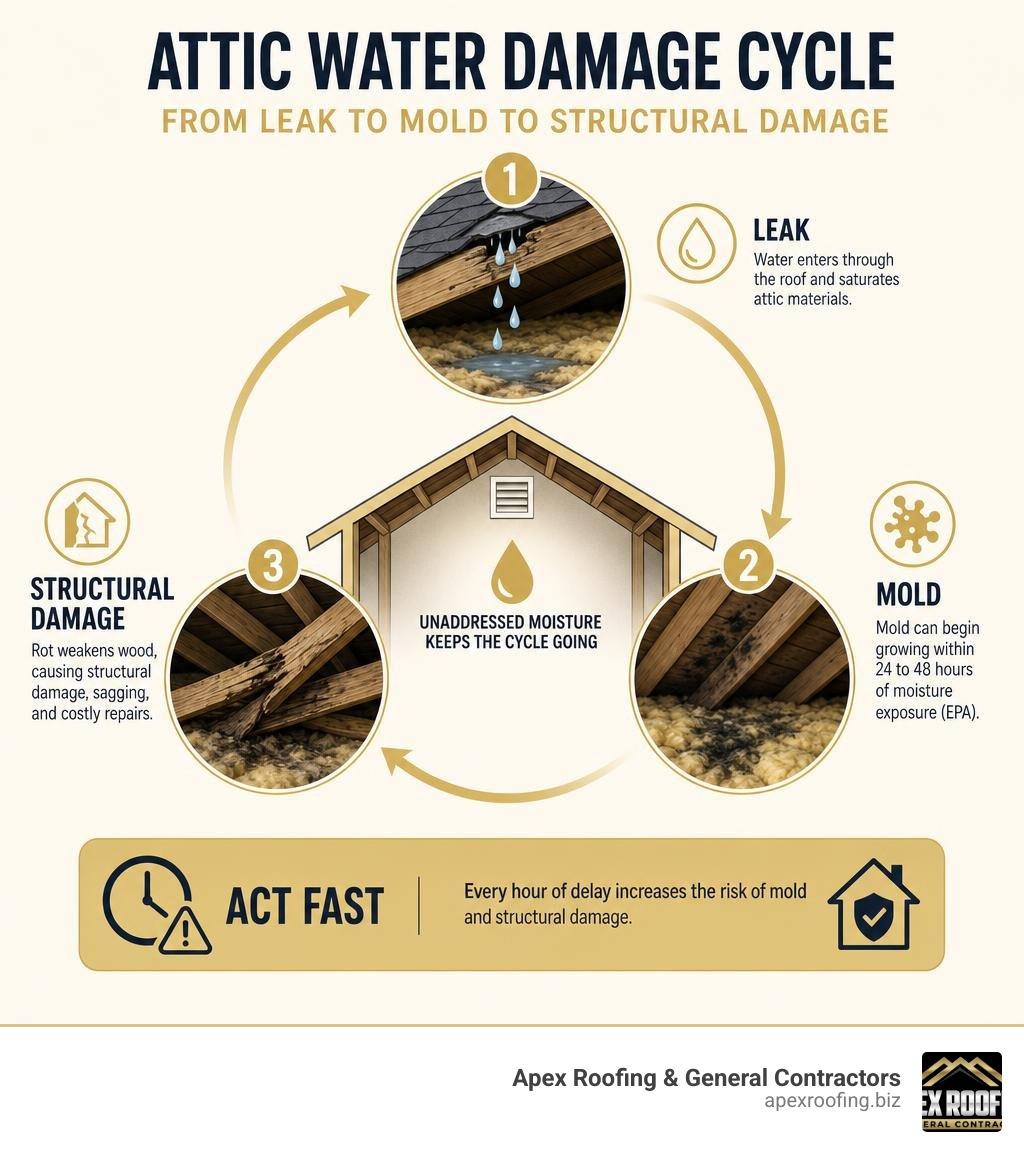 Attic water damage cycle from leak to mold to structural damage infographic infographic