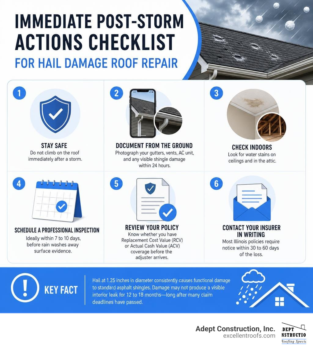 Immediate post-storm actions checklist for hail damage roof repair infographic