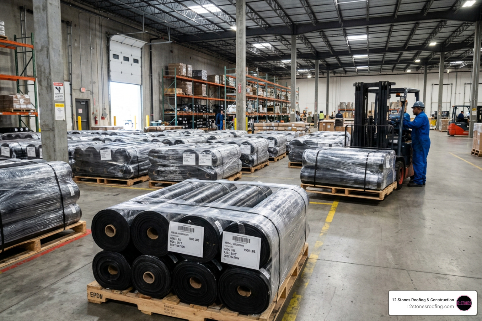 Large EPDM rolls ready for shipping in warehouse