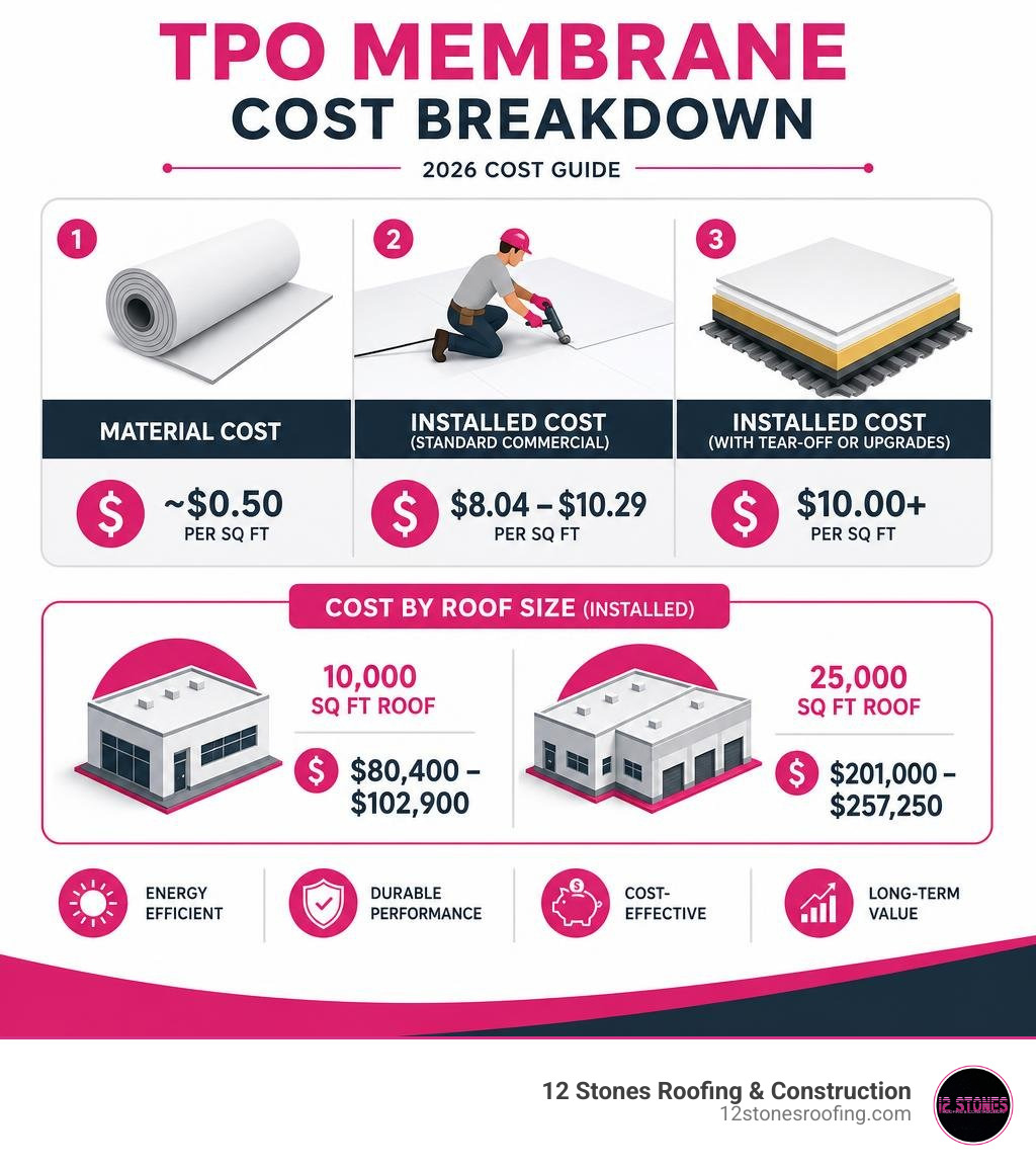 TPO membrane cost breakdown infographic showing material cost, installed cost, and cost by roof size infographic TPO membrane cost breakdown infographic showing material cost, installed cost, and cost by roof size infographic