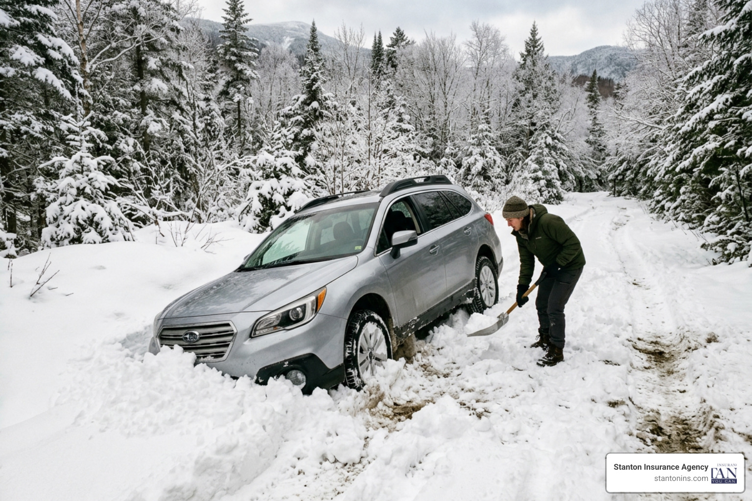 A passenger car stuck deep in an unplowed off-road snowy trail in the White Mountains of New Hampshire A passenger car stuck deep in an unplowed off-road snowy trail in the White Mountains of New Hampshire