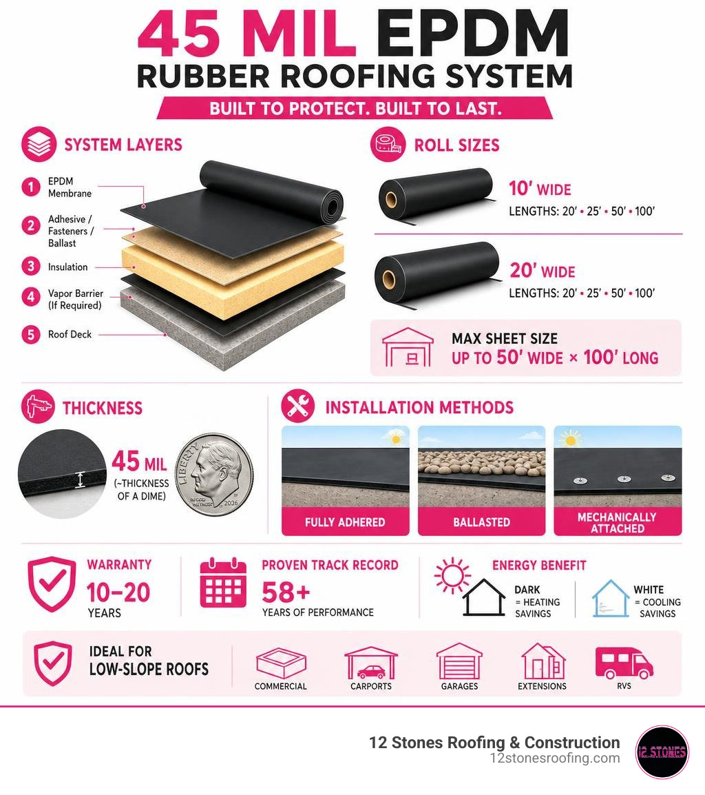 Infographic showing layers of a 45 mil EPDM roofing system with roll sizes, thickness, warranty, and installation methods
