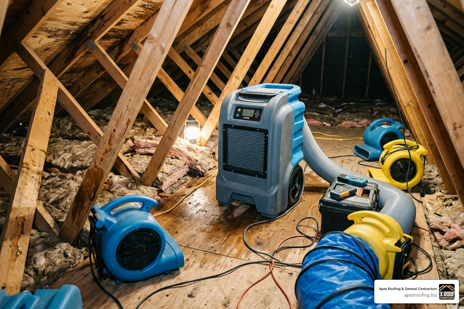 Professional drying equipment running in a wet attic