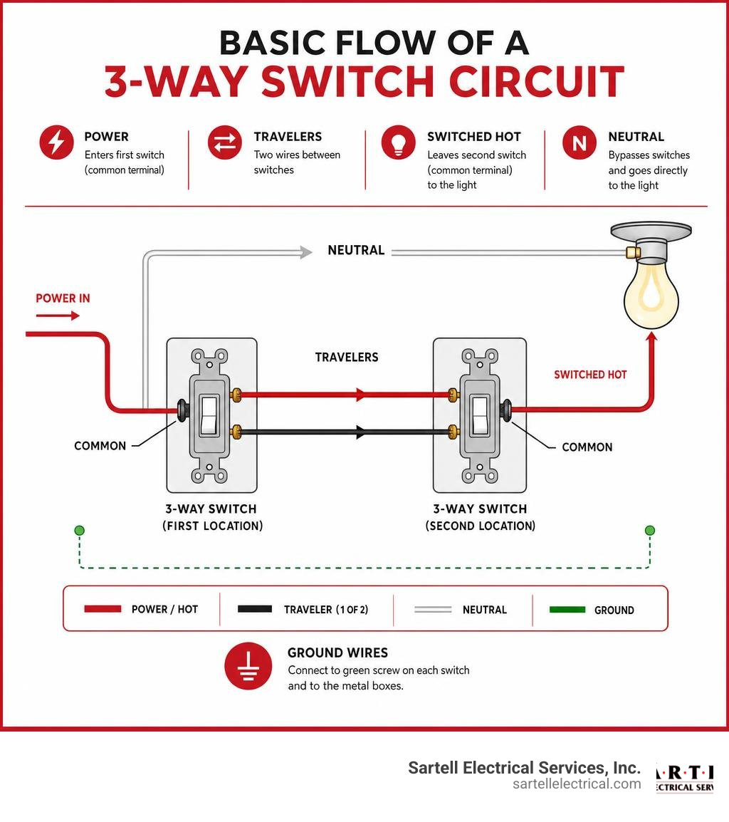 Basic flow of a 3-way switch circuit showing power, travelers, neutral, and light fixture infographic
