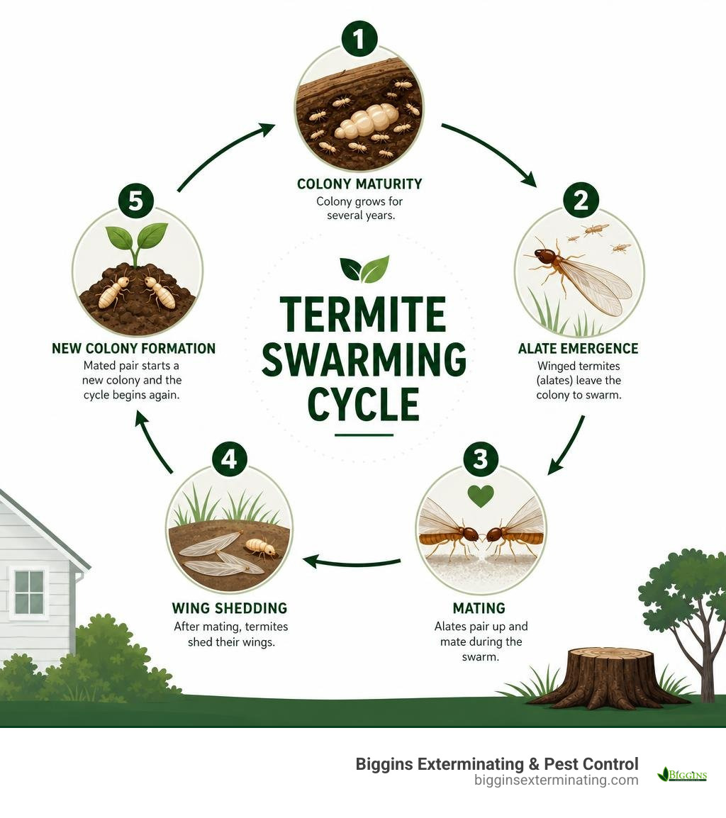 Termite swarming cycle infographic showing colony maturity, alate emergence, mating, wing shedding, and new colony formation Termite swarming cycle infographic showing colony maturity, alate emergence, mating, wing shedding, and new colony formation