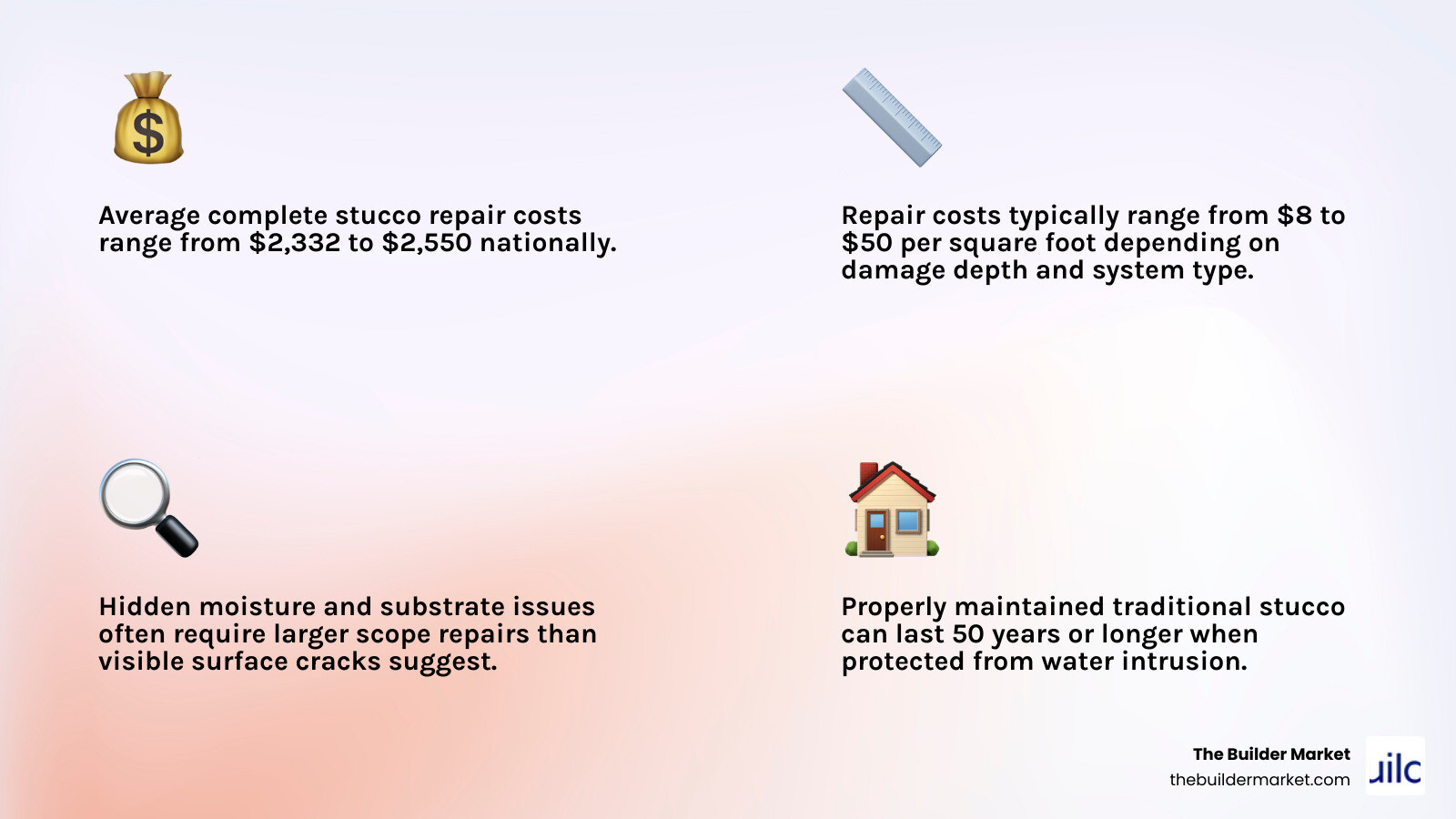 Infographic showing stucco repair cost ranges by damage type and key factors affecting estimates infographic
