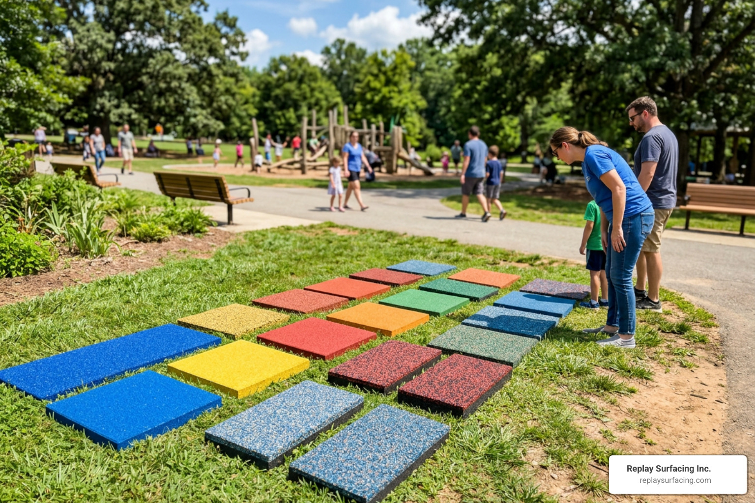 A colorful array of playground rubber safety flooring samples displayed in a sunny Raleigh park