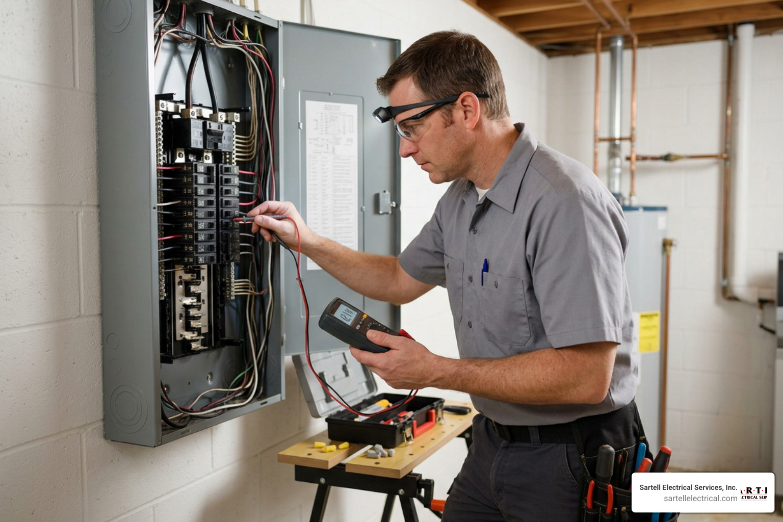 licensed electrician inspecting a home service panel