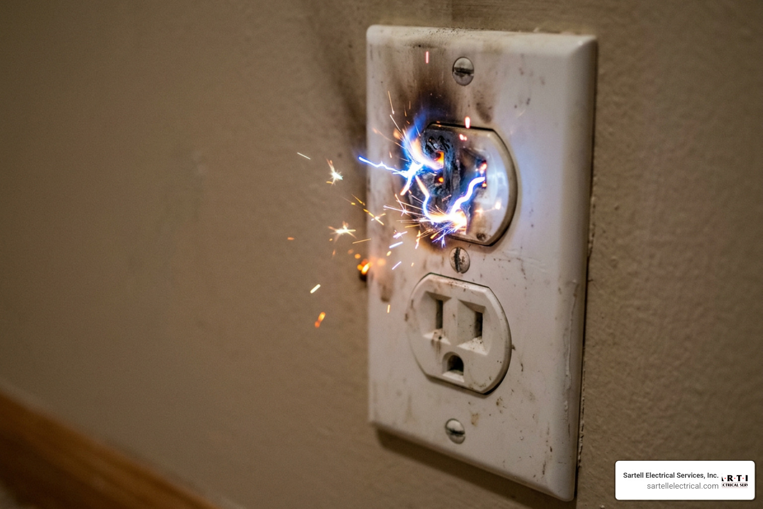 sparking electrical outlet showing hazardous electrical arcing