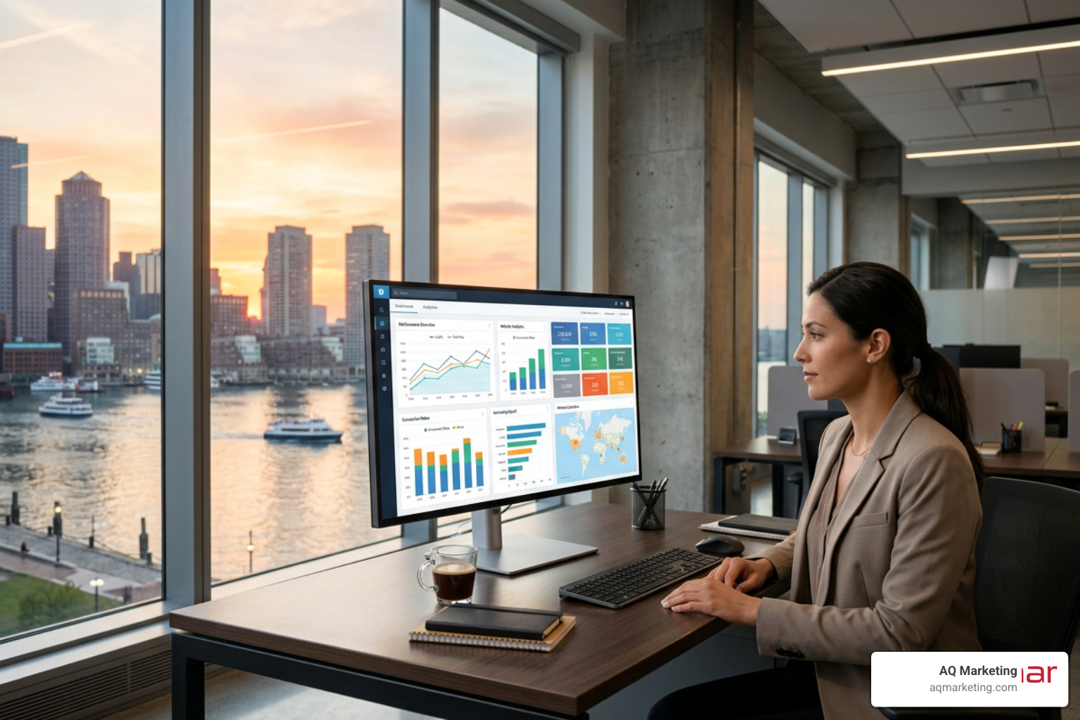 A digital dashboard showing marketing analytics on a screen in a Boston seaport office A digital dashboard showing marketing analytics on a screen in a Boston seaport office