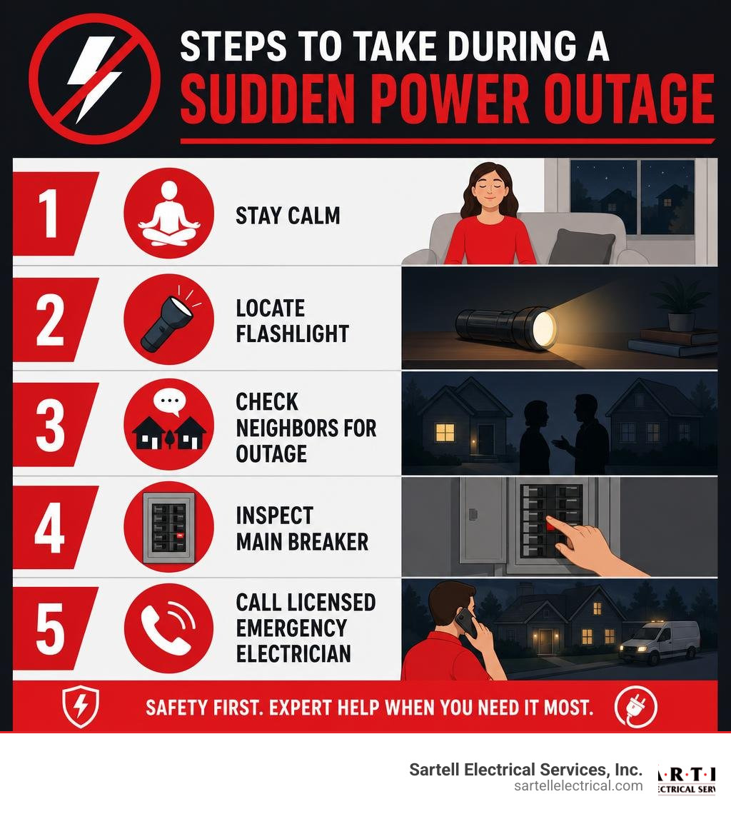 Steps to take during a sudden power outage: stay calm, locate flashlight, check neighbors for outage, inspect main breaker