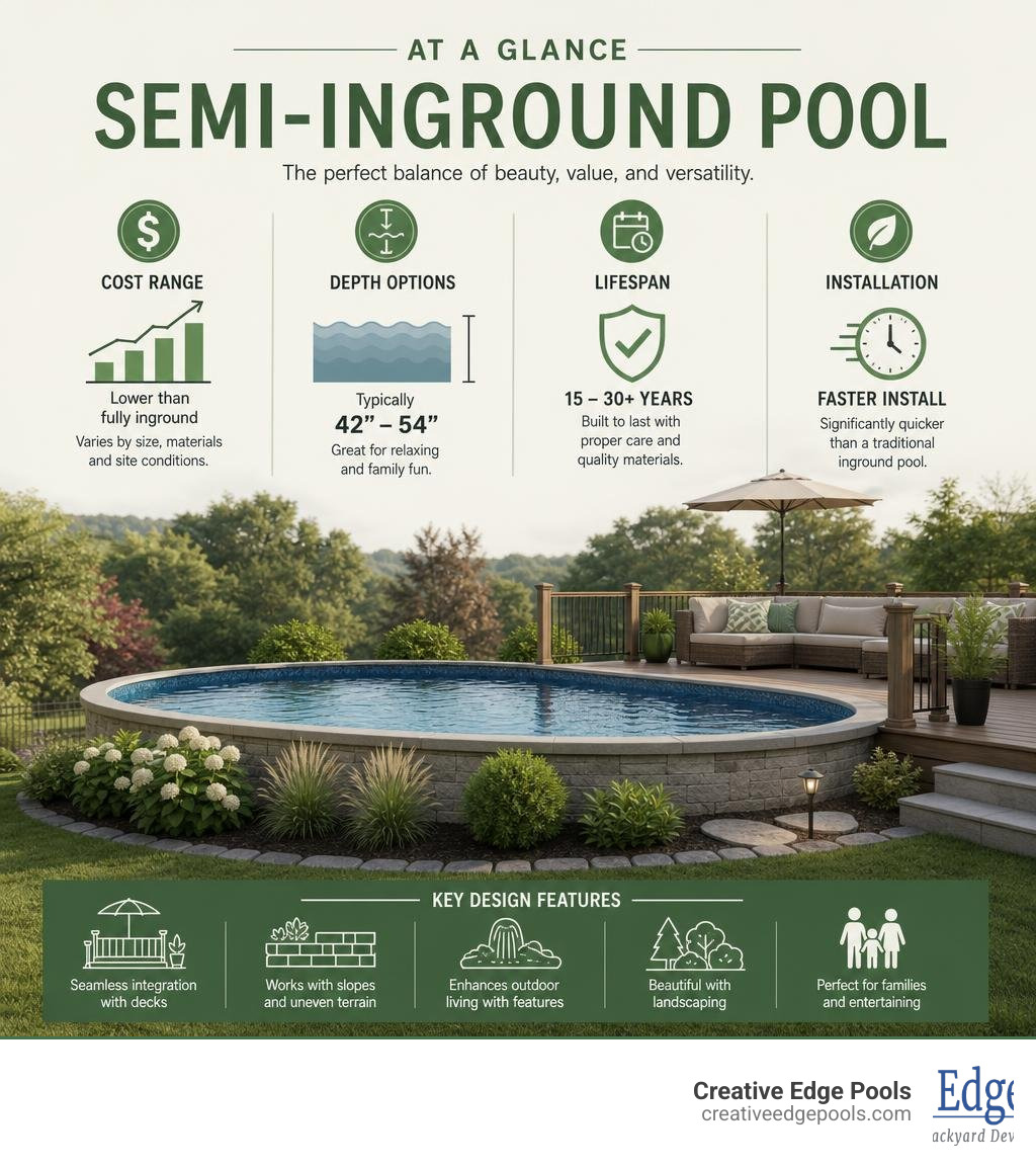 Infographic showing semi-inground pool overview: cost range, depth options, lifespan, and key design features infographic Infographic showing semi-inground pool overview: cost range, depth options, lifespan, and key design features infographic