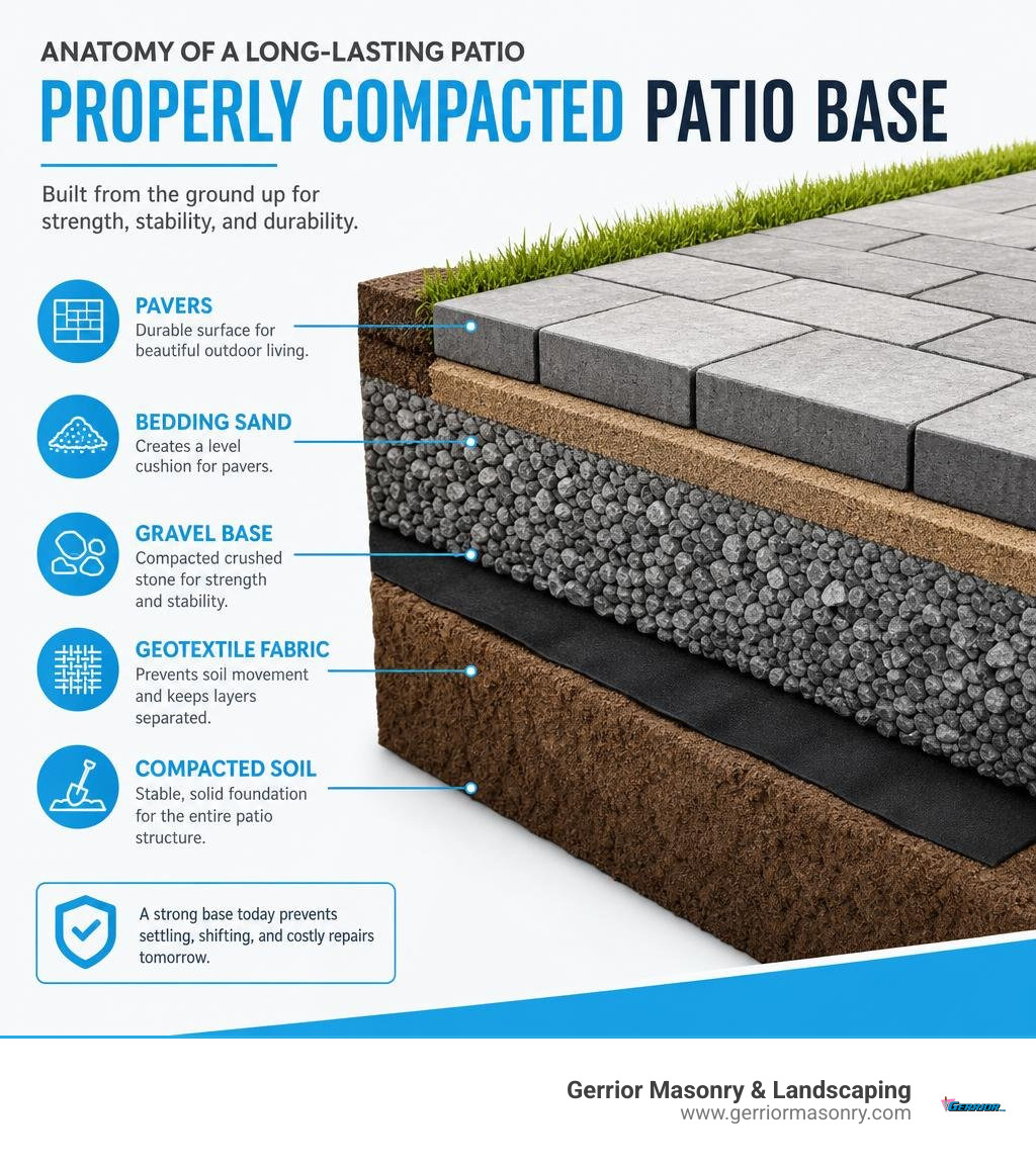 Diagram of a properly compacted patio base showing soil, geotextile fabric, gravel base, bedding sand, and pavers infographic