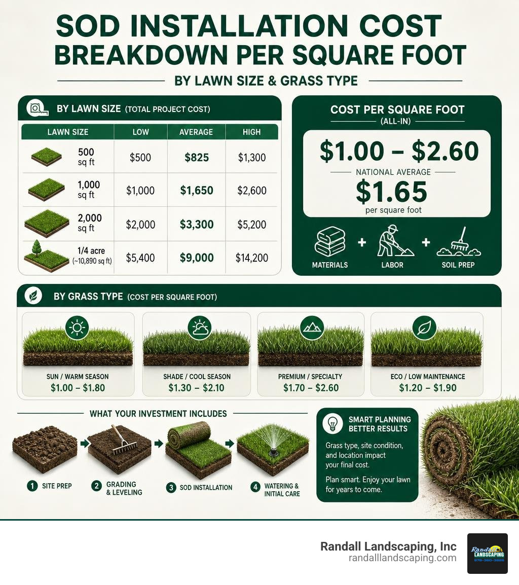 Infographic showing sod installation cost breakdown per square foot by lawn size and grass type infographic Infographic showing sod installation cost breakdown per square foot by lawn size and grass type infographic