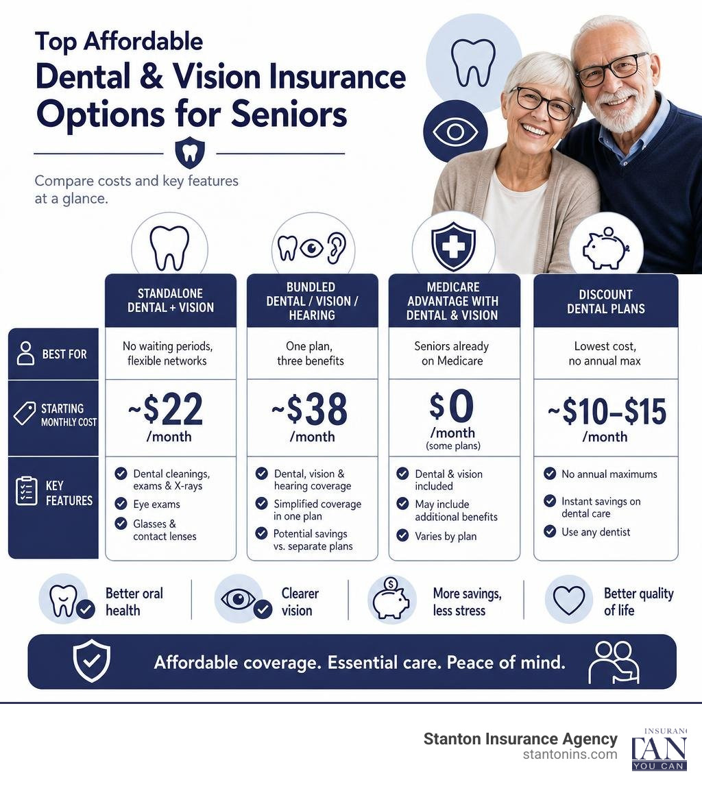 Infographic showing top affordable dental and vision insurance options for seniors with costs and key features infographic