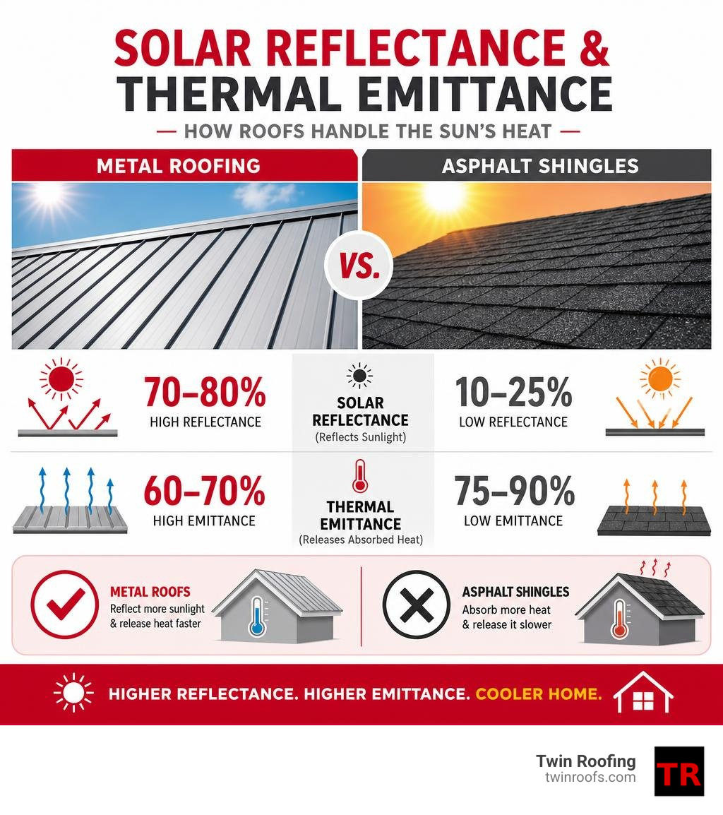 infographic comparing solar reflectance and thermal emittance of metal roofing vs asphalt shingles infographic infographic comparing solar reflectance and thermal emittance of metal roofing vs asphalt shingles infographic