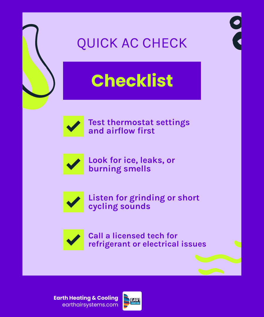 Quick AC troubleshooting checklist infographic: DIY steps vs. professional repair warning signs infographic