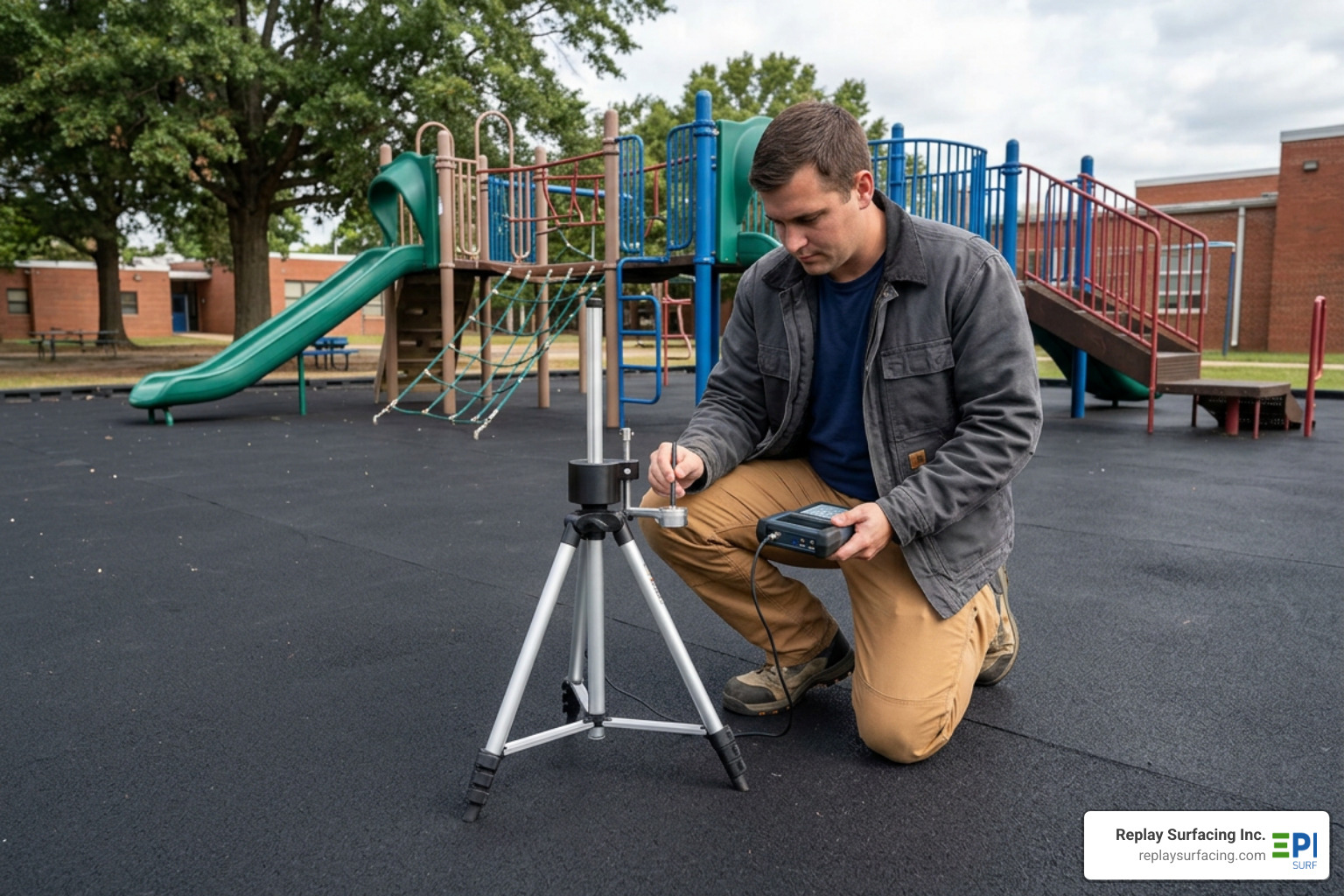 Testing impact attenuation of playground rubber safety flooring in a Charlotte schoolyard