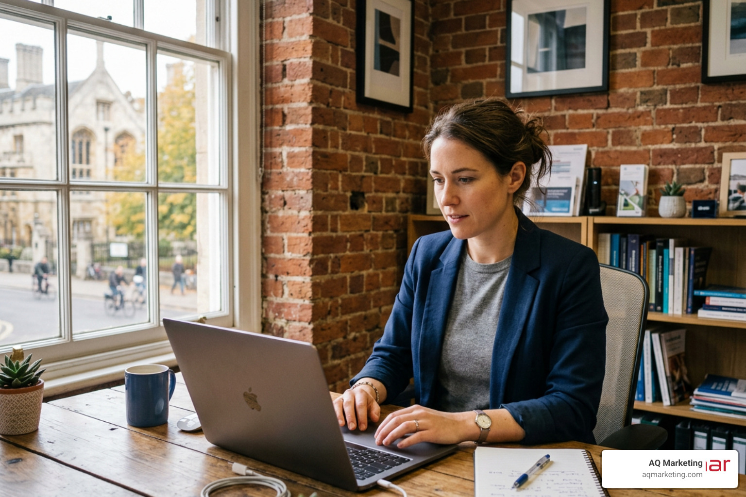 A professional in a brick-walled Cambridge office analyzing competitor websites A professional in a brick-walled Cambridge office analyzing competitor websites