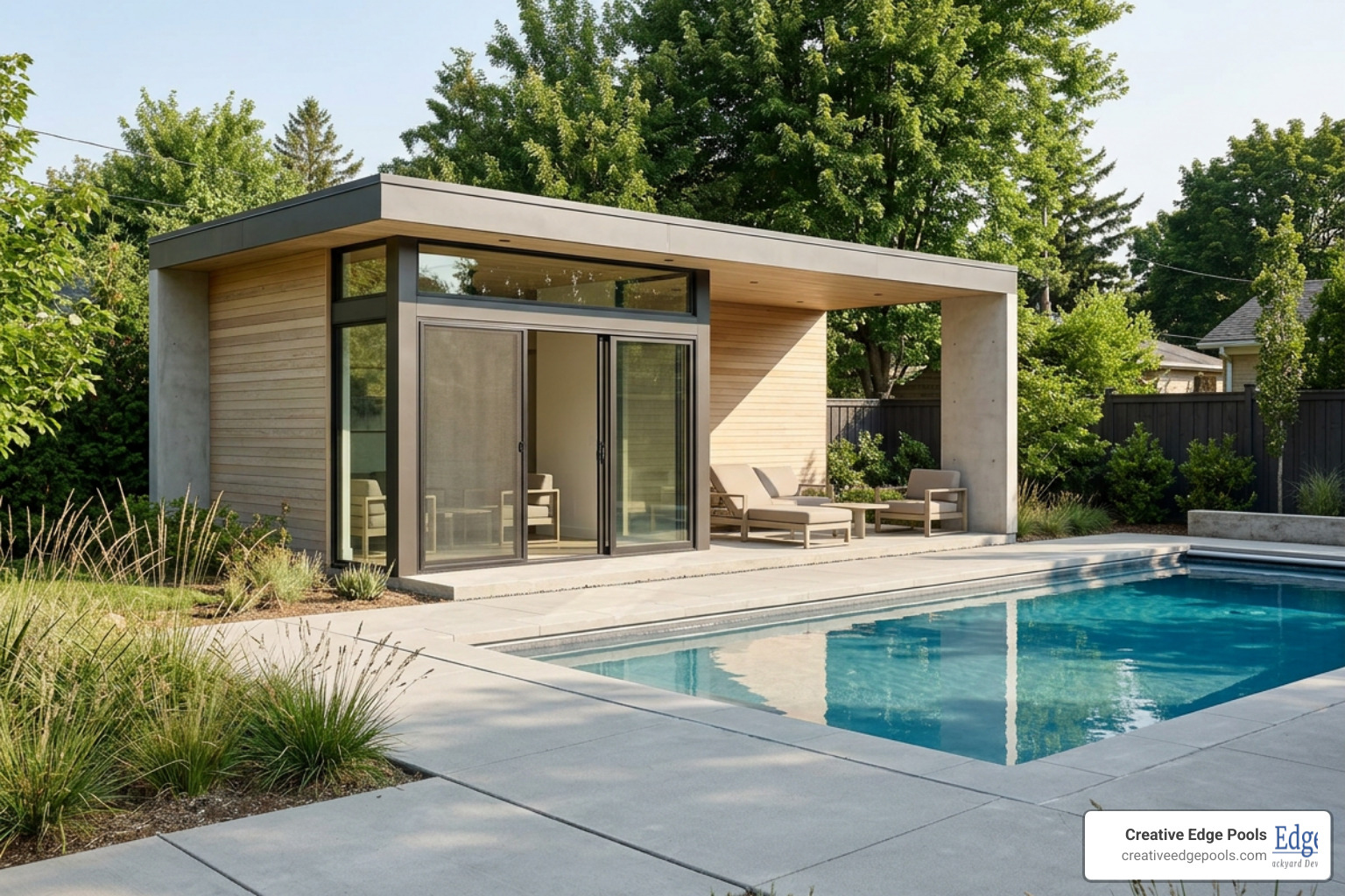 Modern minimalist pool cabana with clean lines and concrete pavers