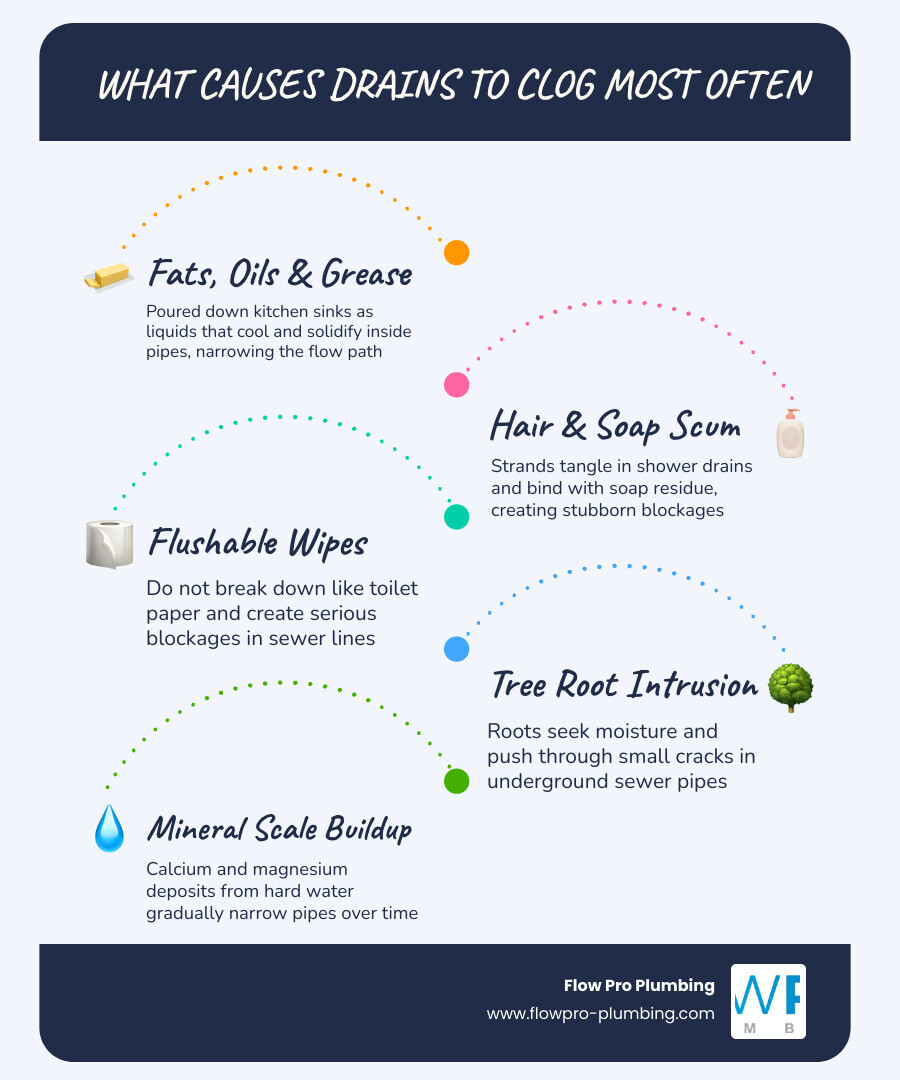 infographic showing 5 most common causes of drain clogs FOG hair wipes roots mineral scale infographic infographic showing 5 most common causes of drain clogs FOG hair wipes roots mineral scale infographic