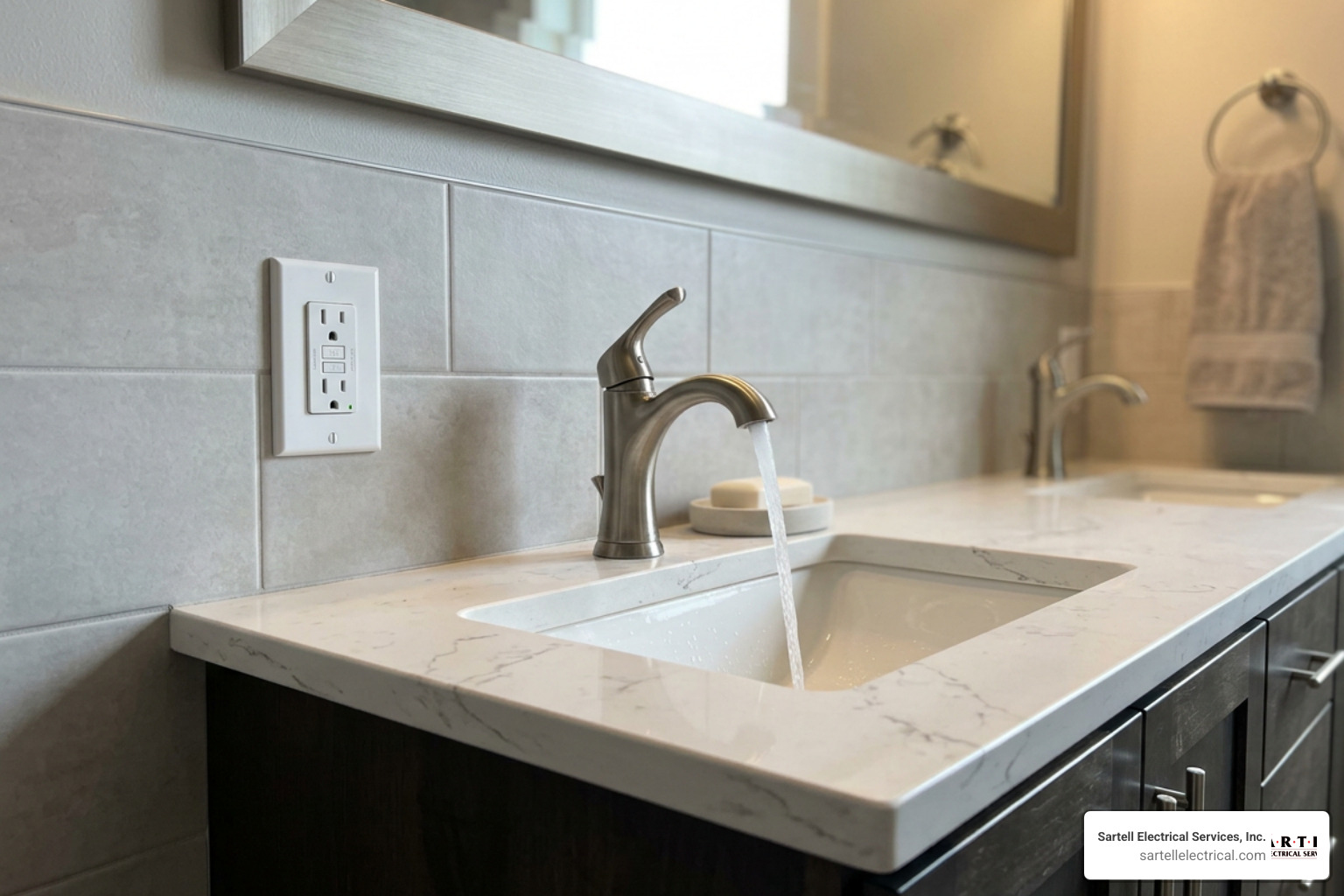 Bathroom GFCI installation with water source and ground fault protection Bathroom GFCI installation with water source and ground fault protection