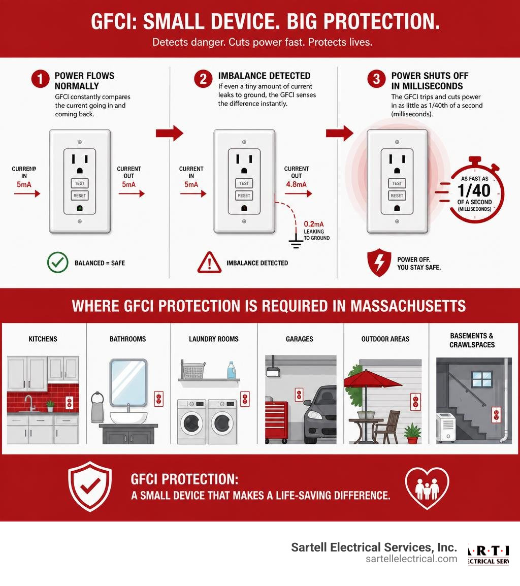 Infographic showing how GFCI detects current imbalance and shuts off power in milliseconds with required locations Infographic showing how GFCI detects current imbalance and shuts off power in milliseconds with required locations