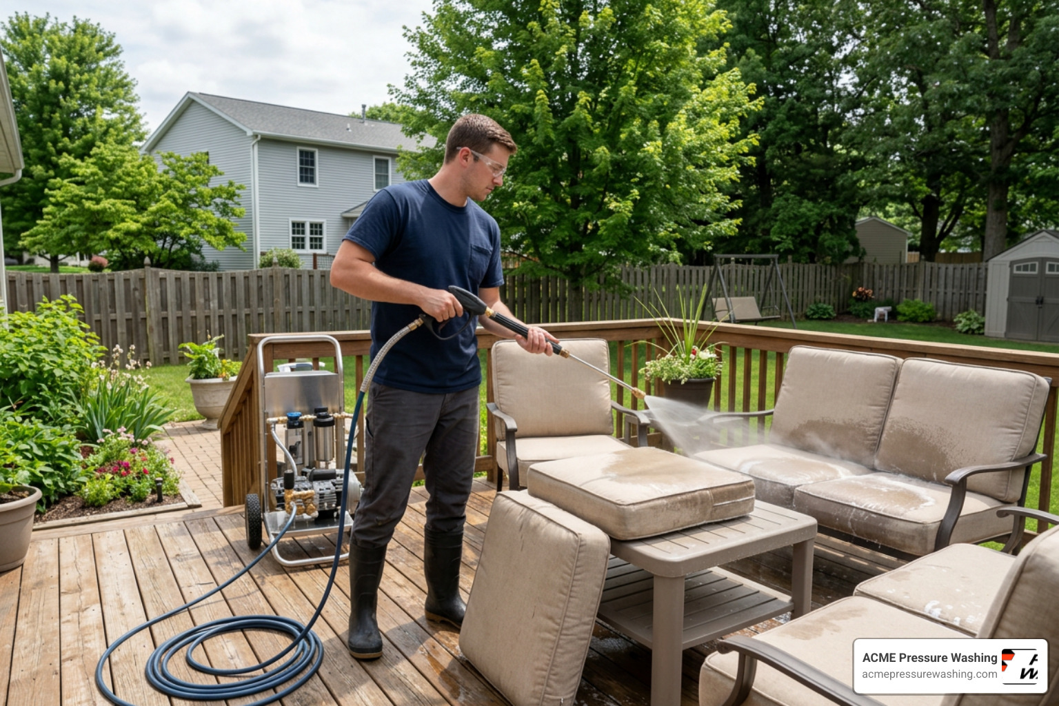 Professional soft washing equipment cleaning outdoor patio cushions