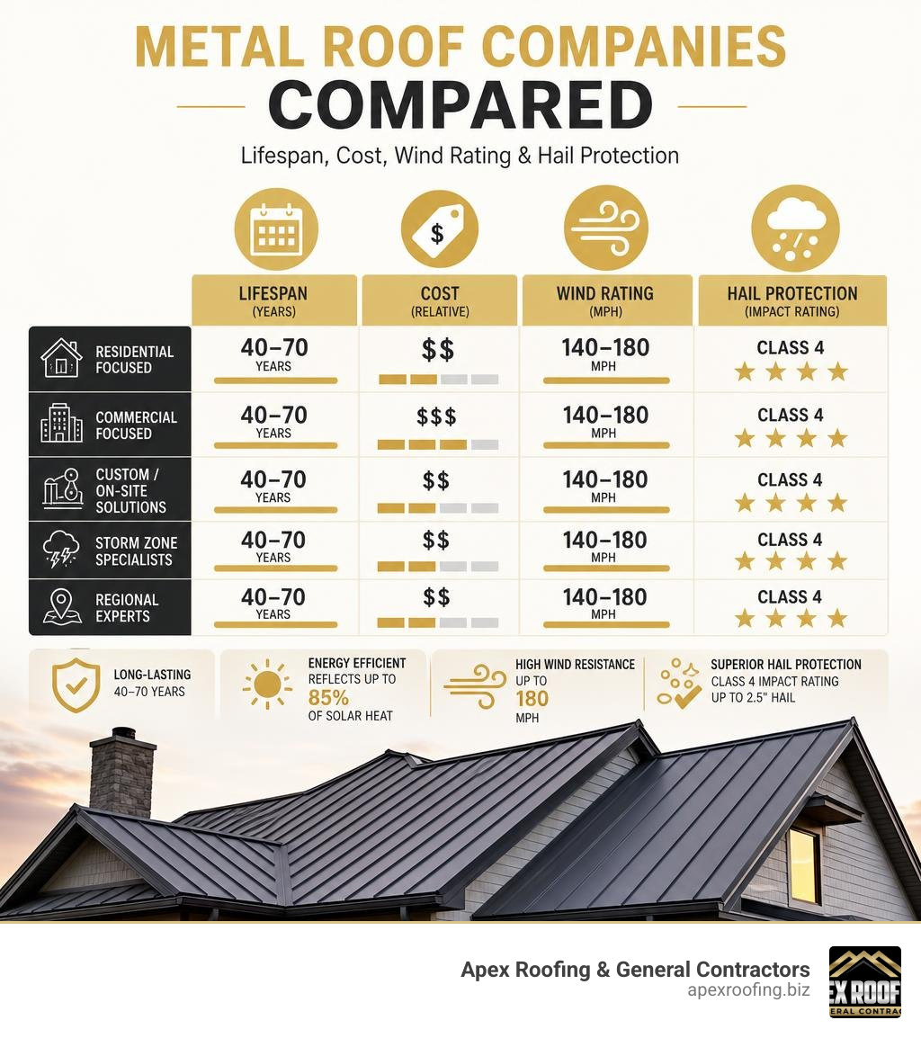 Metal roof companies compared by lifespan, cost, wind rating, and hail protection infographic