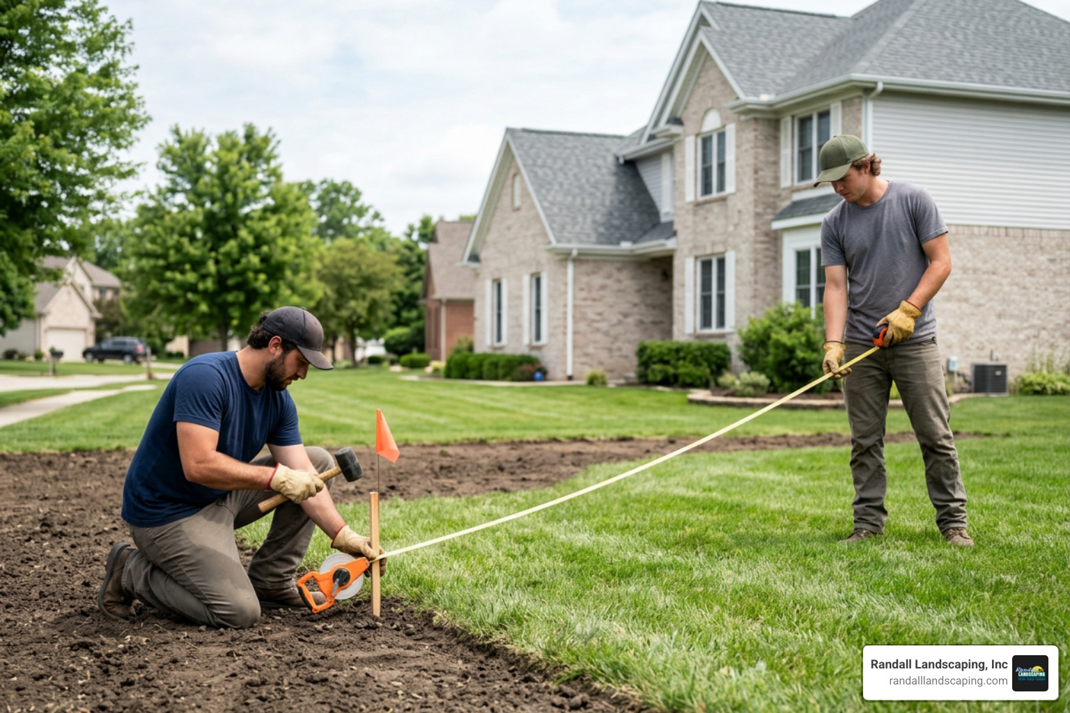 Landscapers measuring a yard for sod installation Landscapers measuring a yard for sod installation