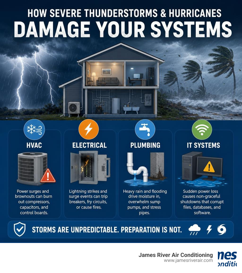 Infographic showing how severe thunderstorms and hurricanes damage HVAC, electrical, plumbing, and IT systems infographic Infographic showing how severe thunderstorms and hurricanes damage HVAC, electrical, plumbing, and IT systems infographic